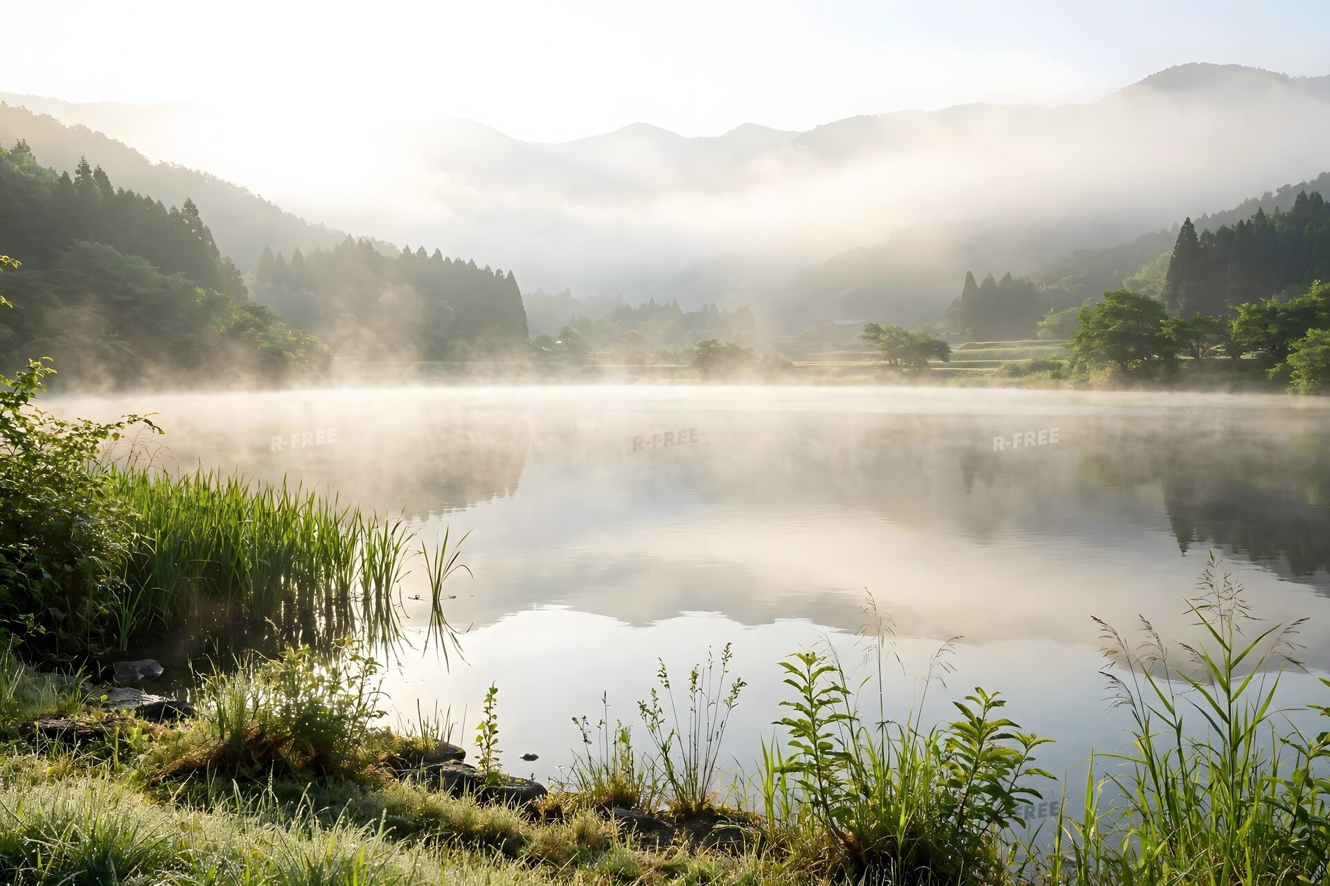 朝もやが立ちこめる山あいの湖