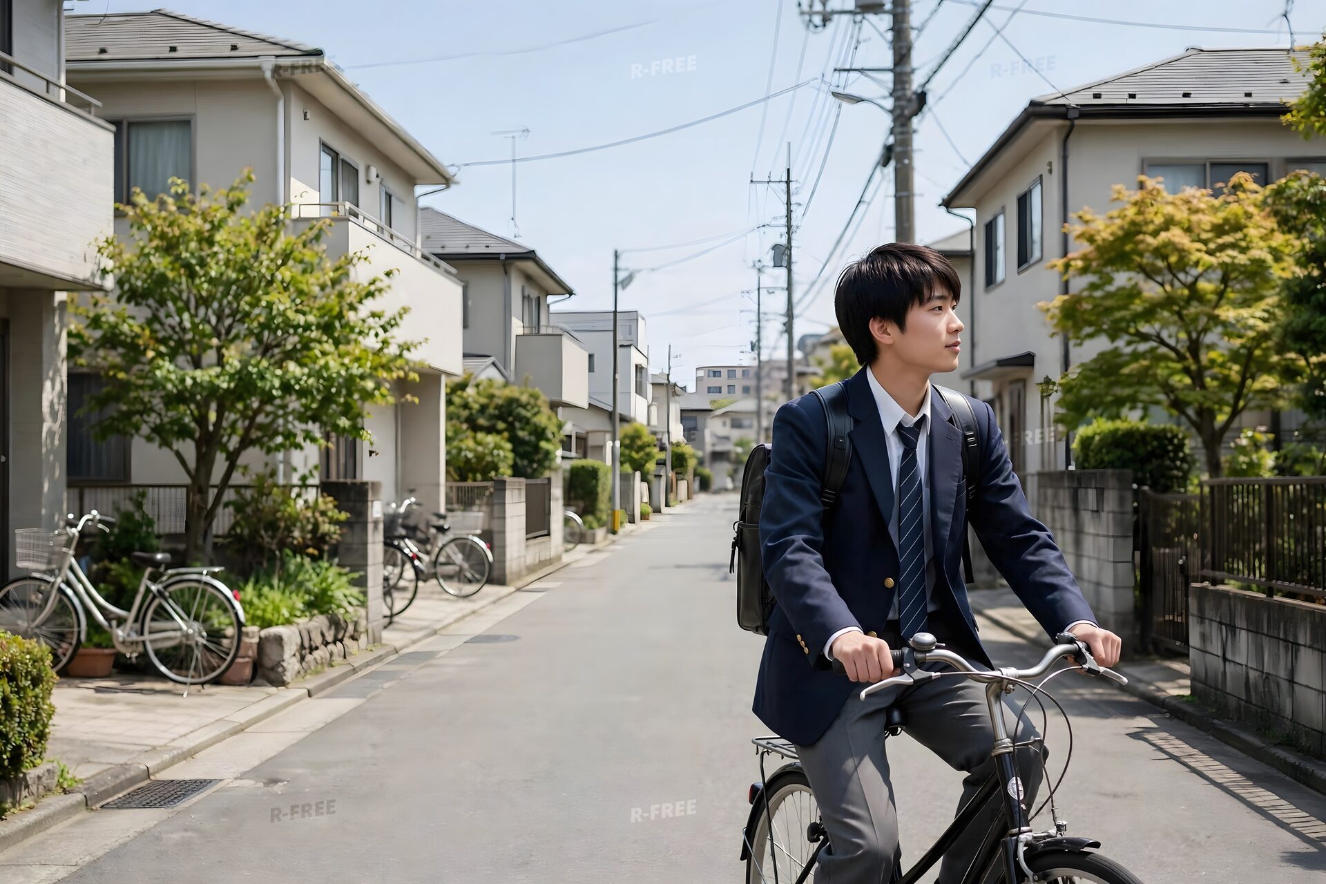 住宅街を自転車で通学する高校生
