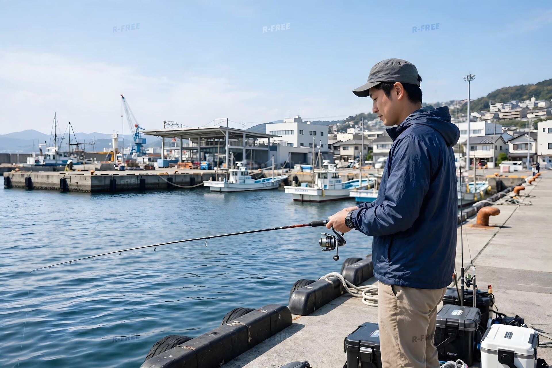 漁港の岸壁で釣りをする男性