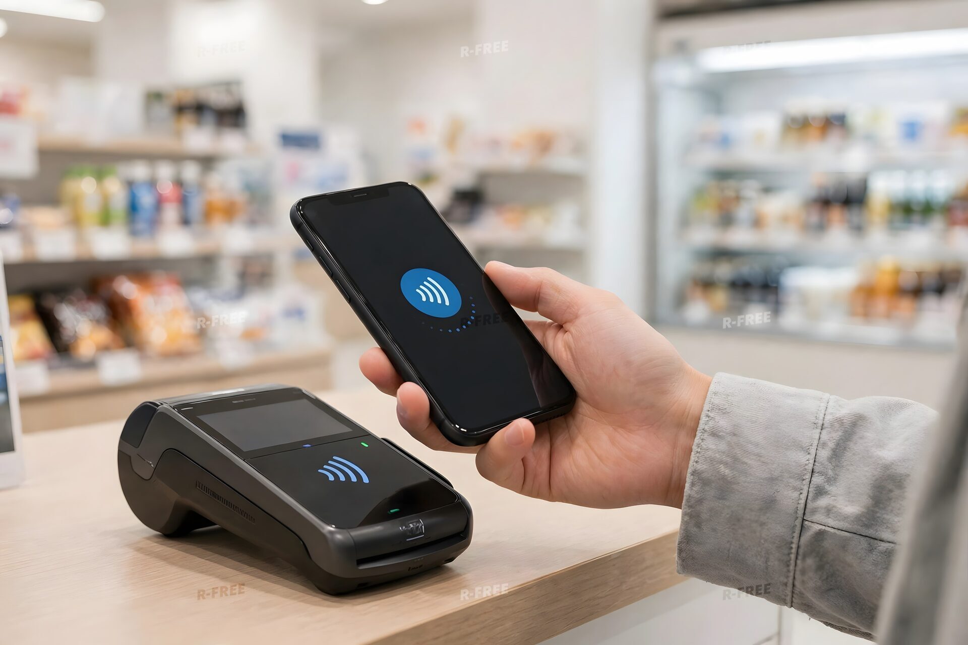 スマートフォンでタッチ決済をする手元