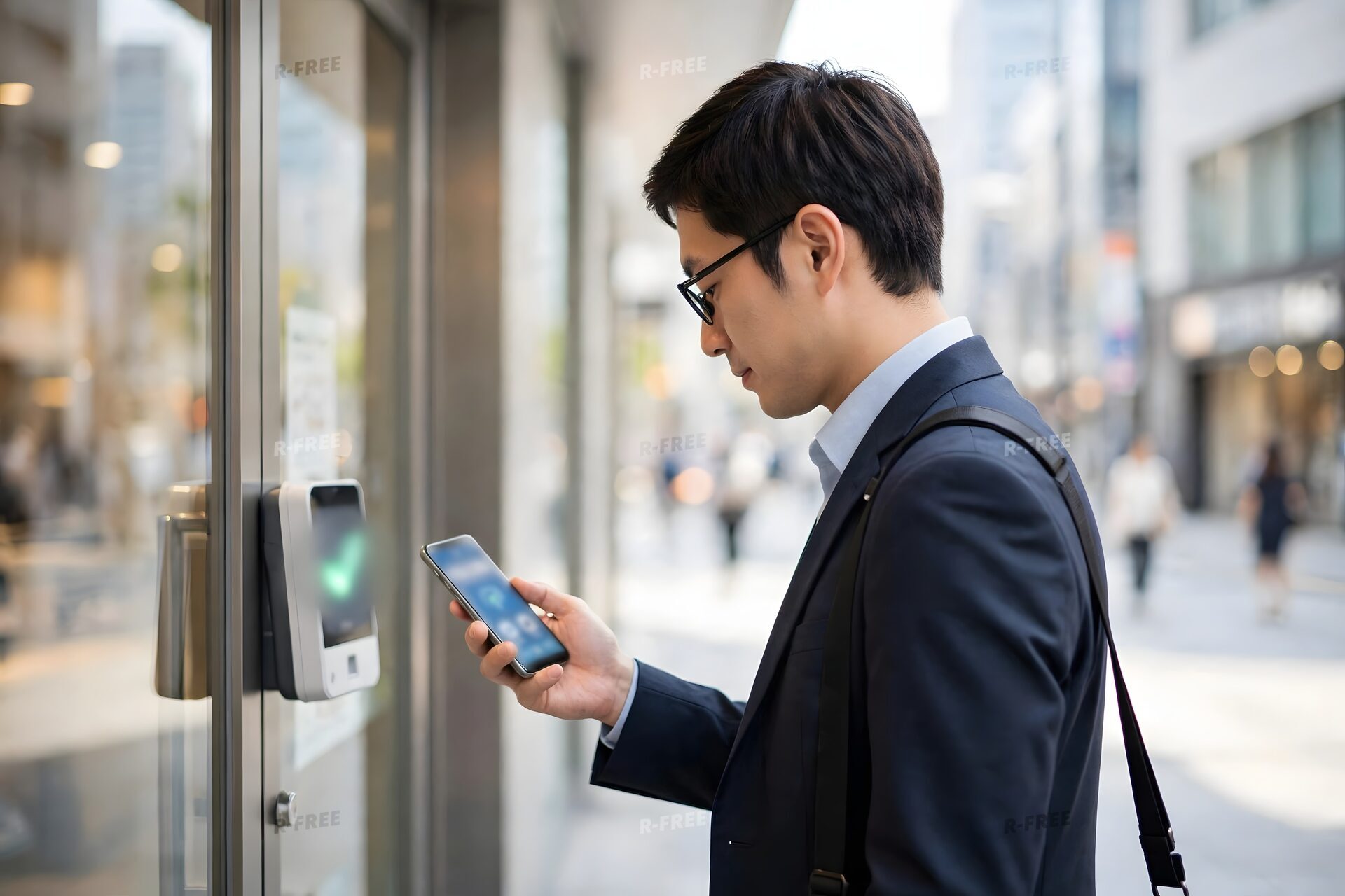 店の入口の端末にスマートフォンをかざす男性