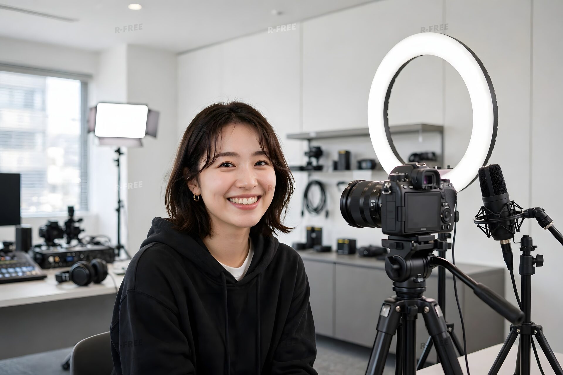 撮影機材をそろえた部屋で動画を配信する女性