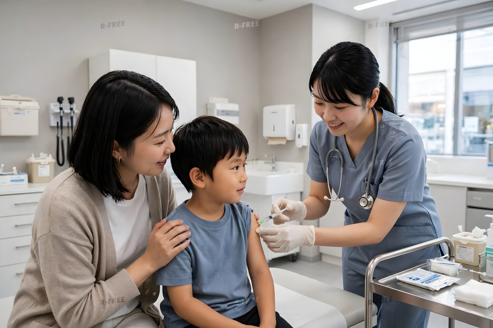 母親に見守られて予防接種を受ける男の子