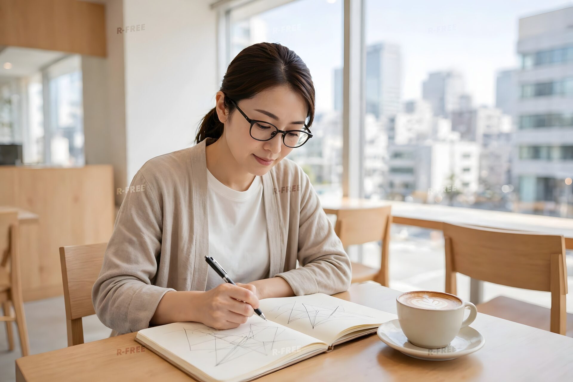 カフェでノートに書き込む女性