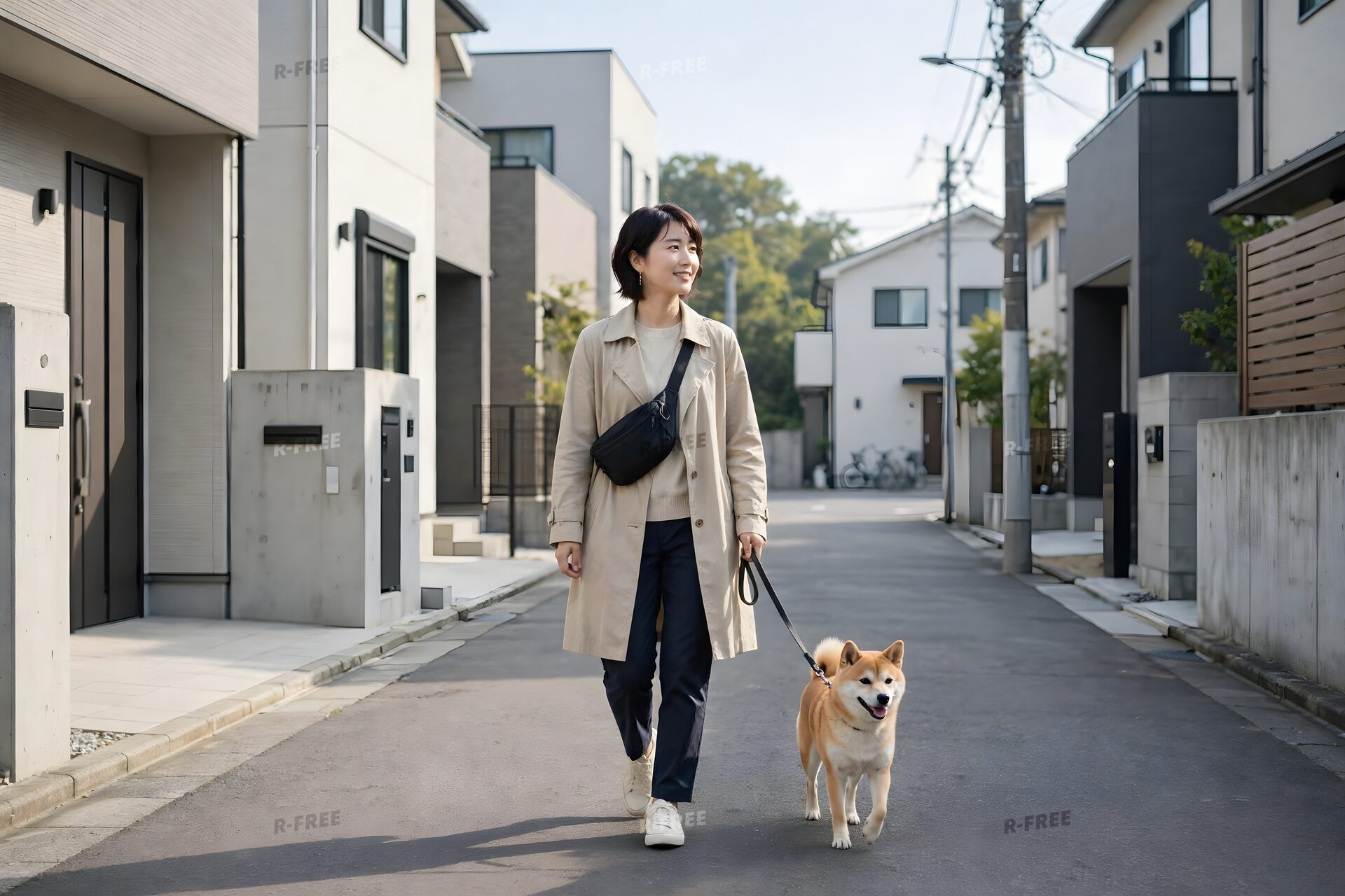 住宅街で柴犬を散歩させる女性