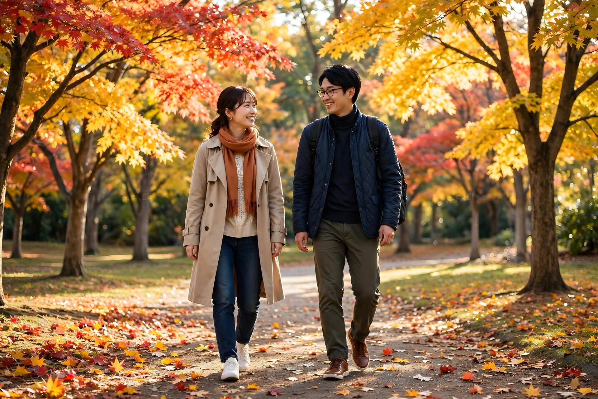 紅葉の公園を歩くカップル