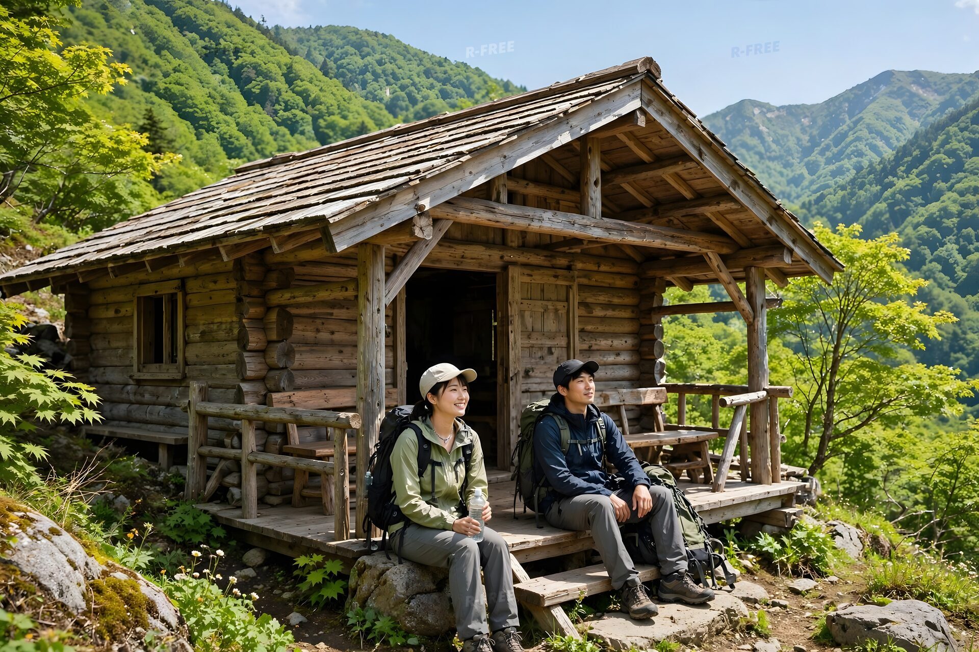 山小屋の前で休憩する登山者