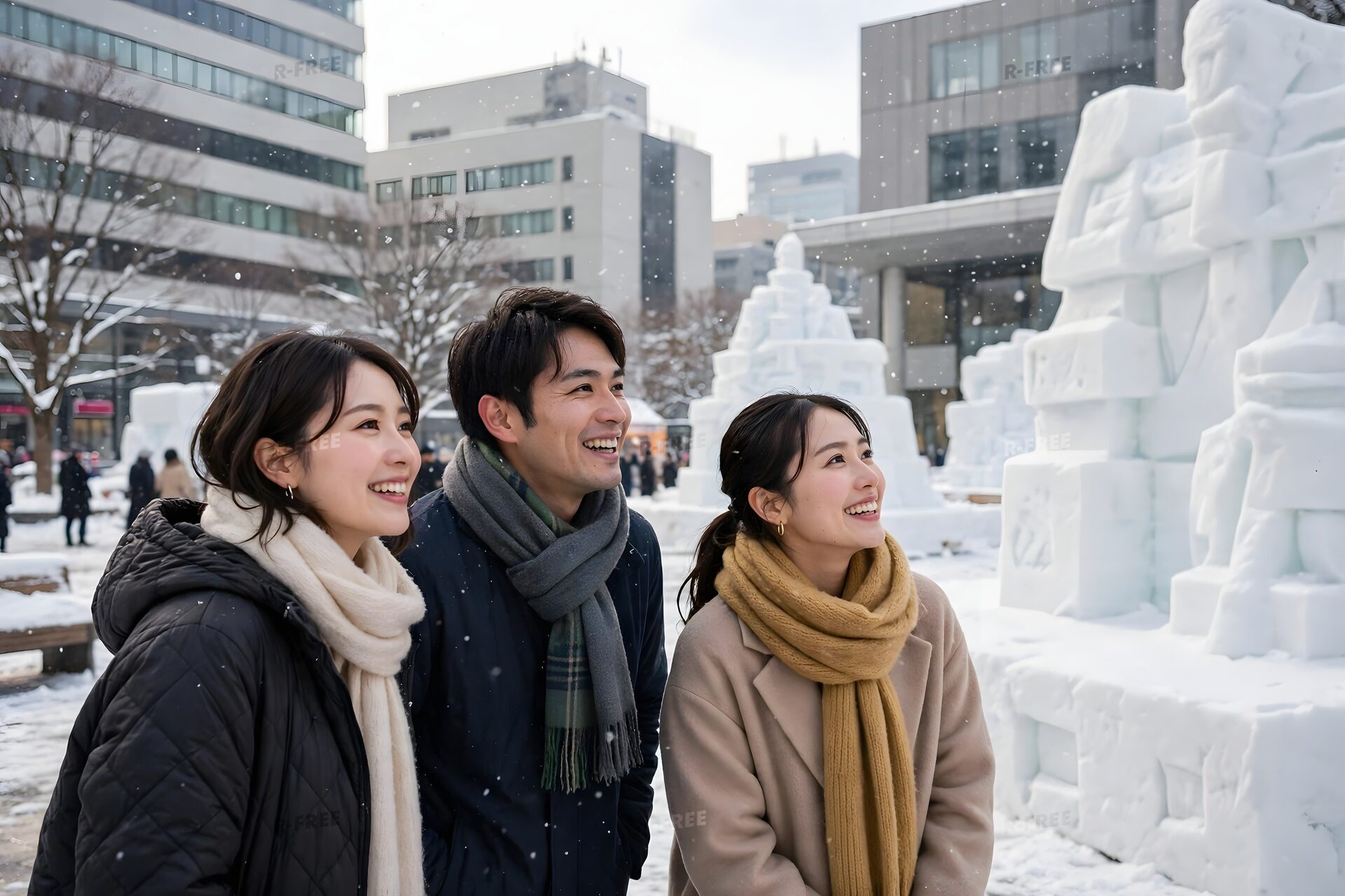雪像が並ぶ雪まつりを見物する人たち