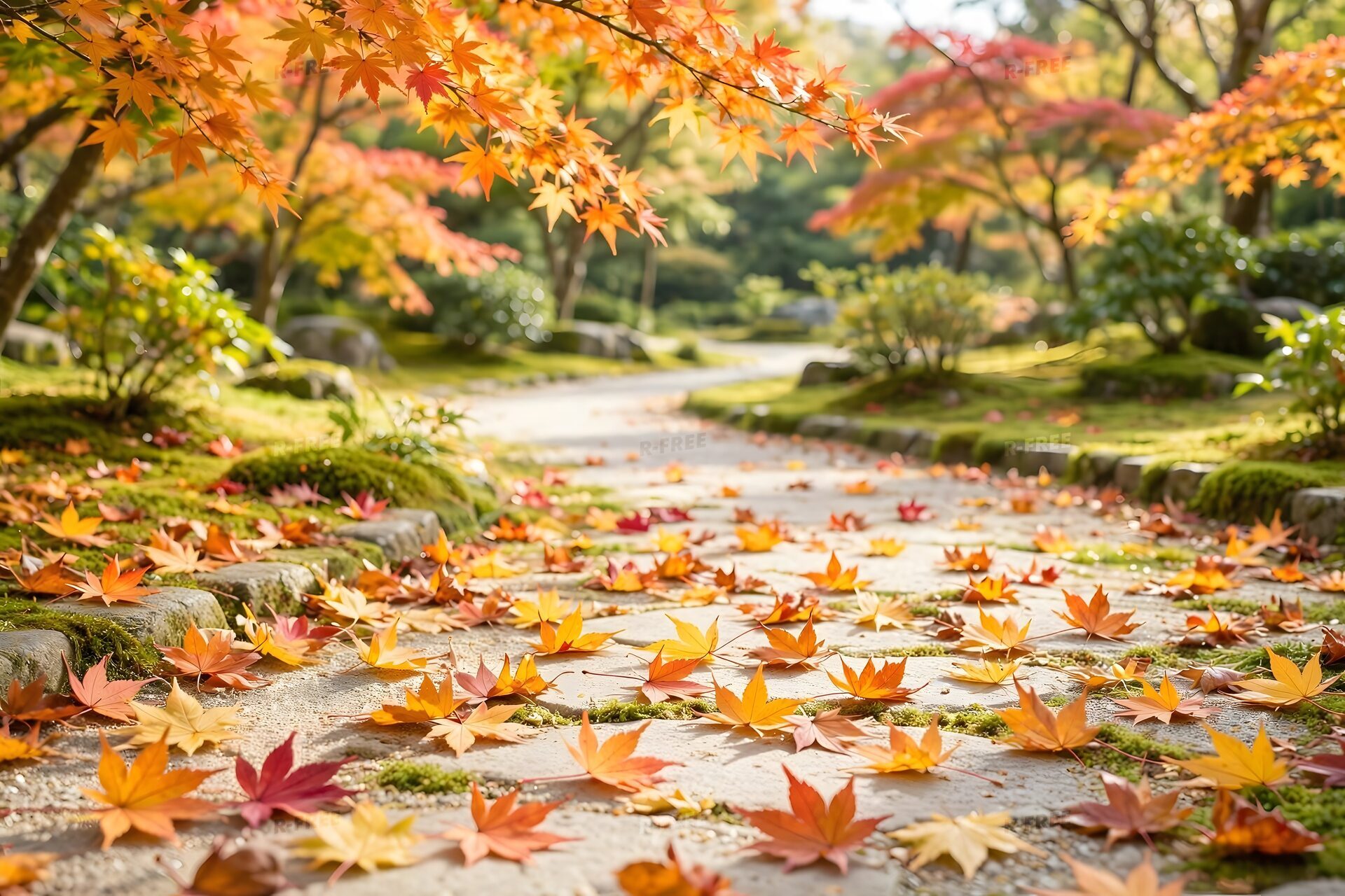 もみじの落ち葉が広がる庭園の小道