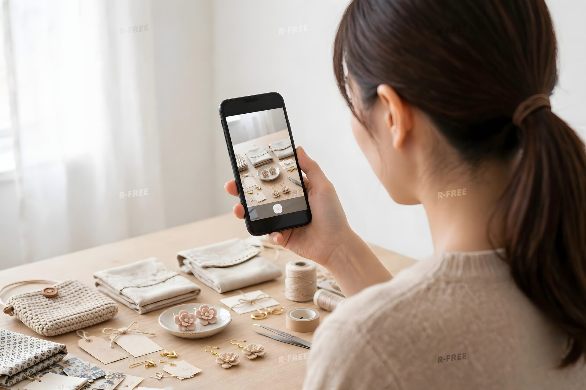 ハンドメイド作品をスマートフォンで撮影する女性