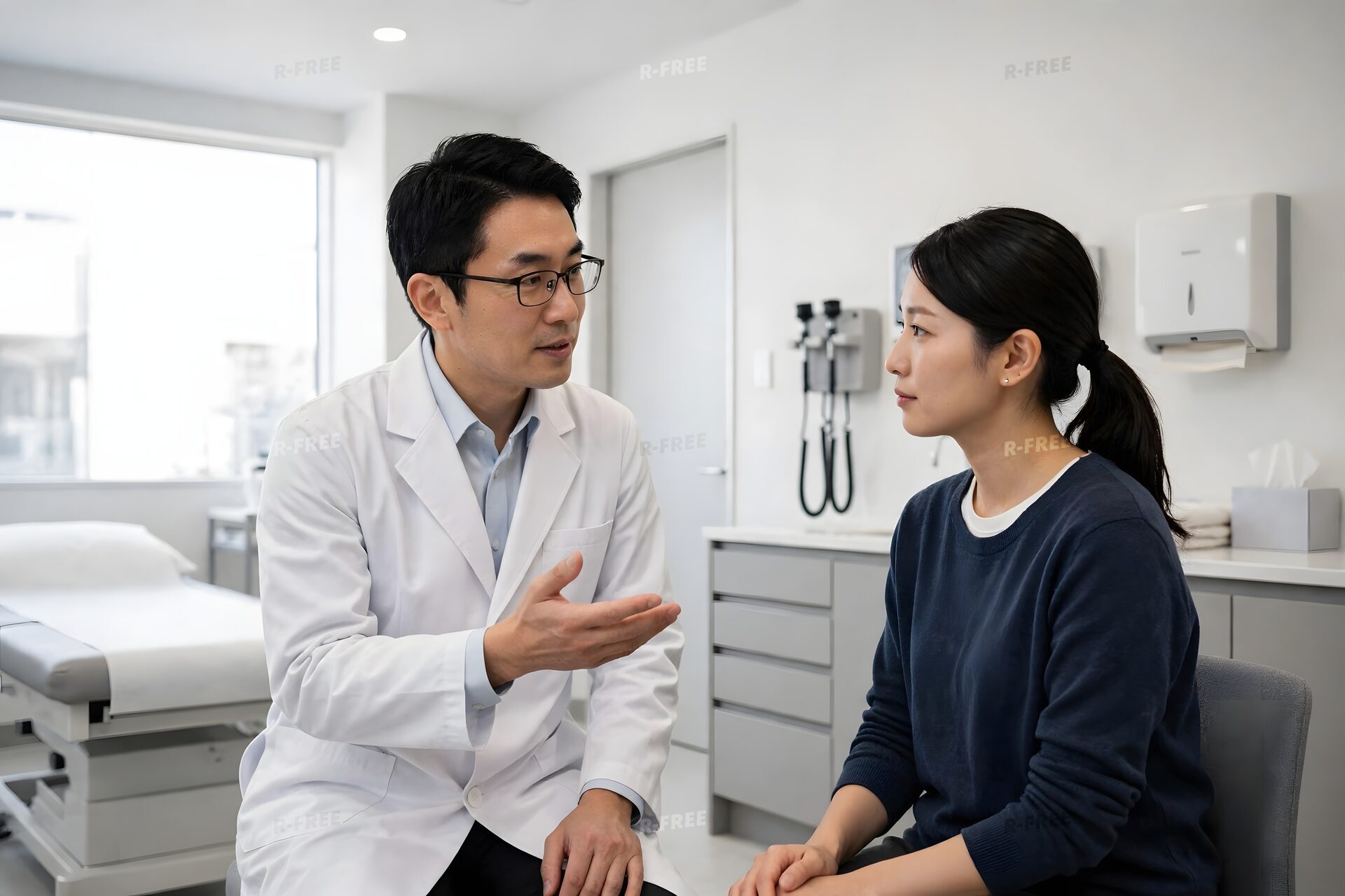 診察室で患者に説明する医師