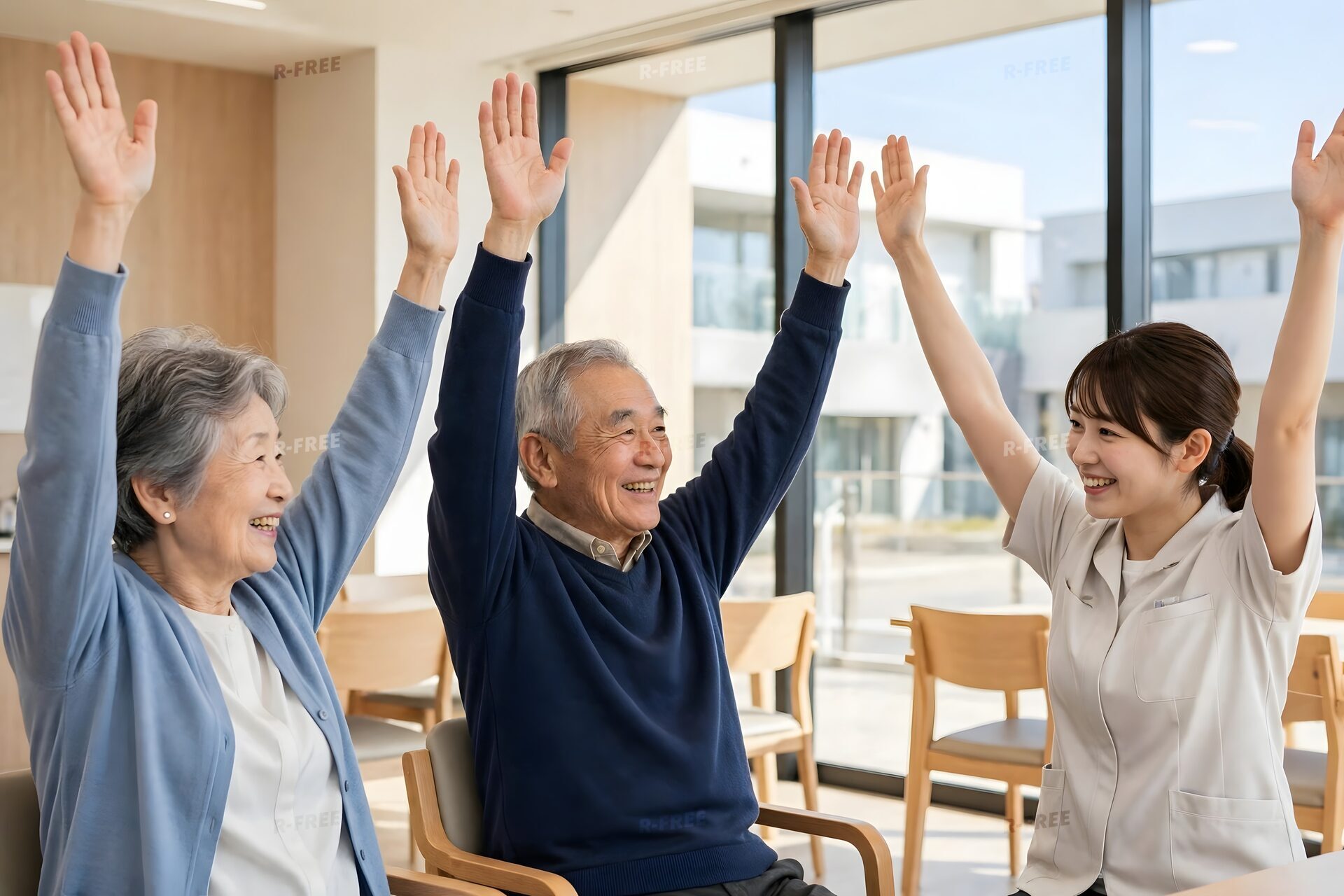 デイサービスで体操する高齢者とスタッフ