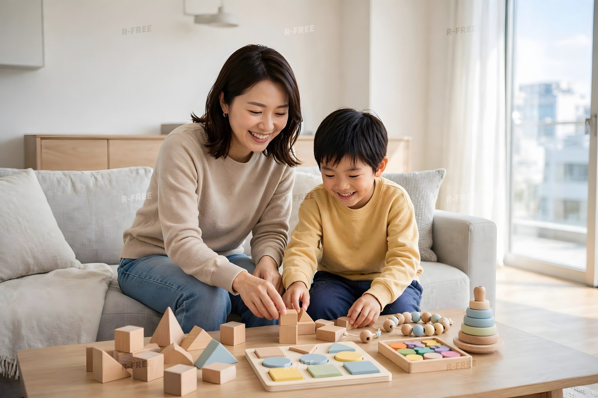 木のおもちゃで遊ぶ母と息子