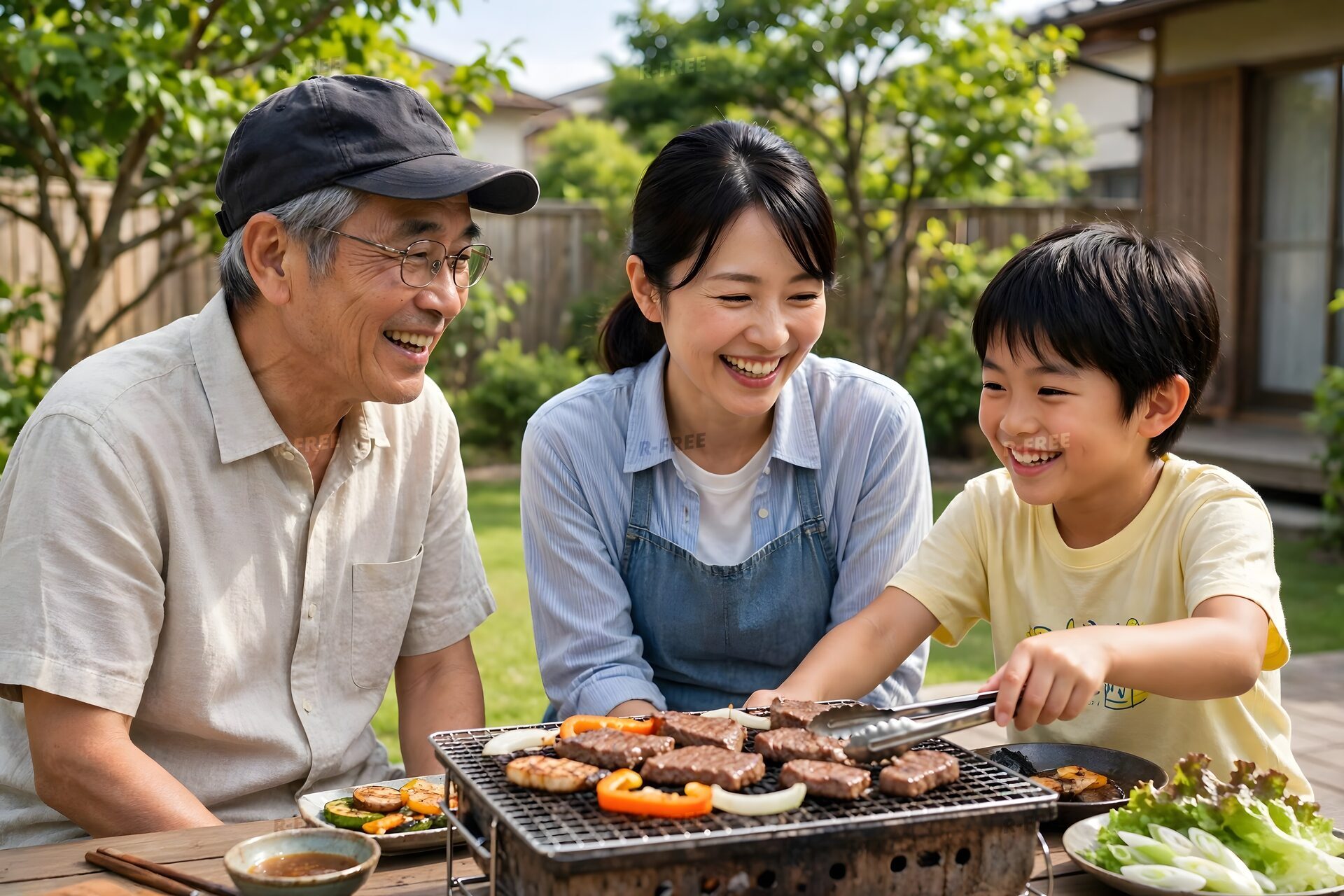 庭でバーベキューを楽しむ祖父と母と孫