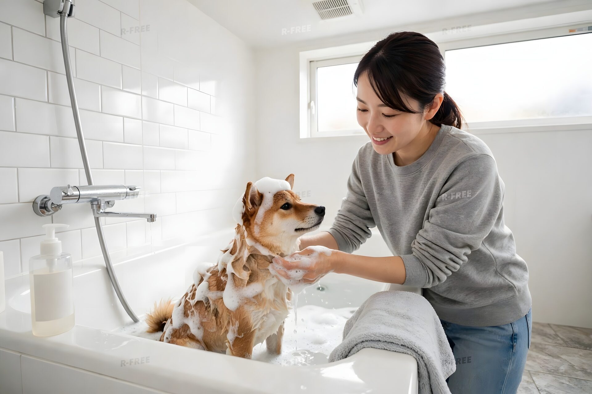 浴室で柴犬をシャンプーする女性