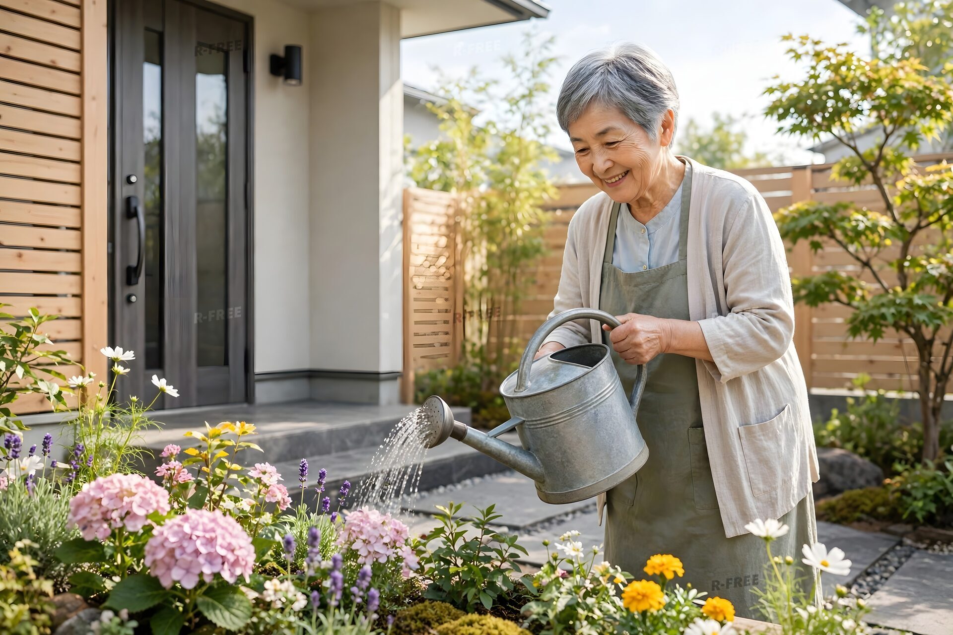 玄関先の花壇に水やりする高齢女性