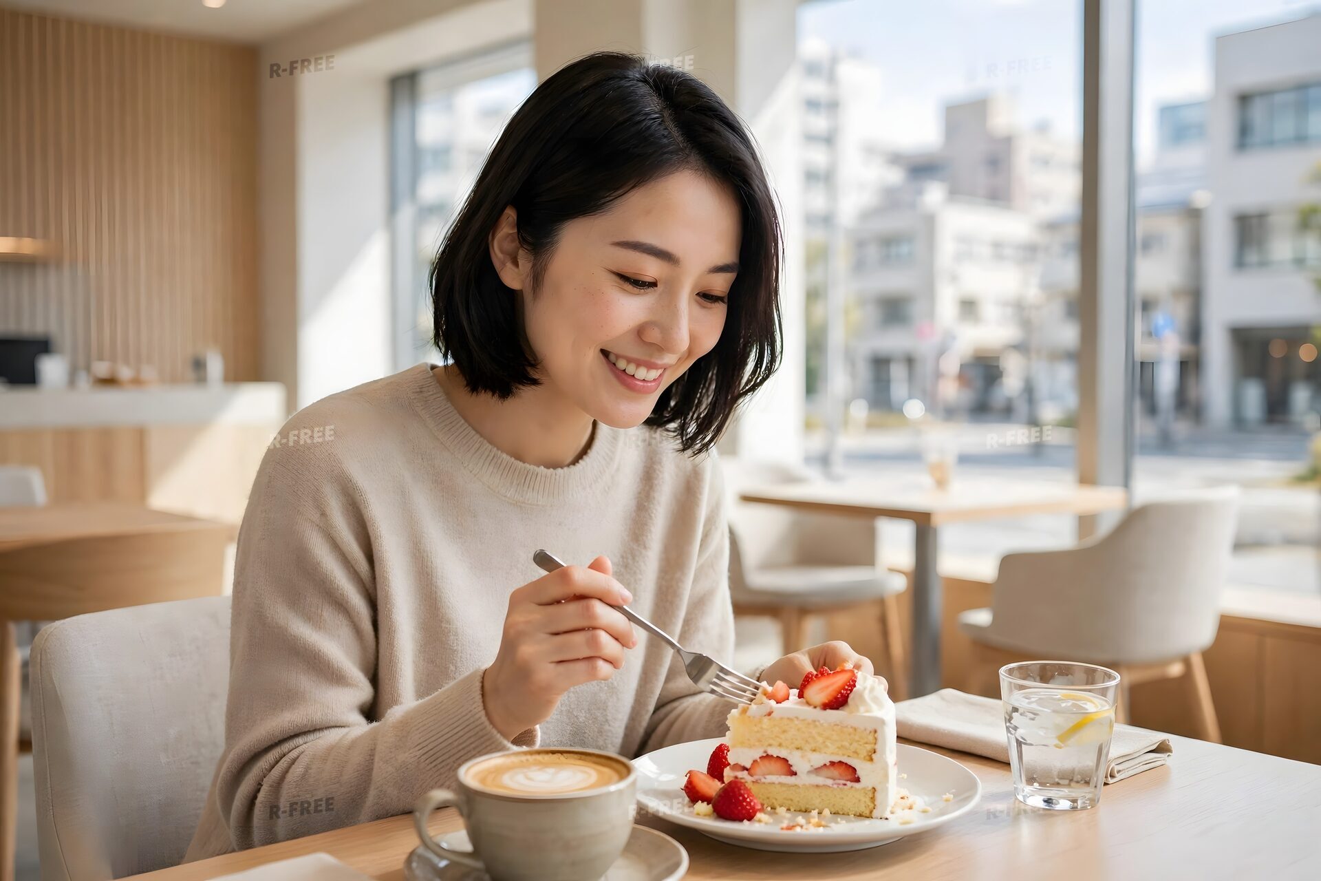 カフェでいちごのショートケーキを食べる女性