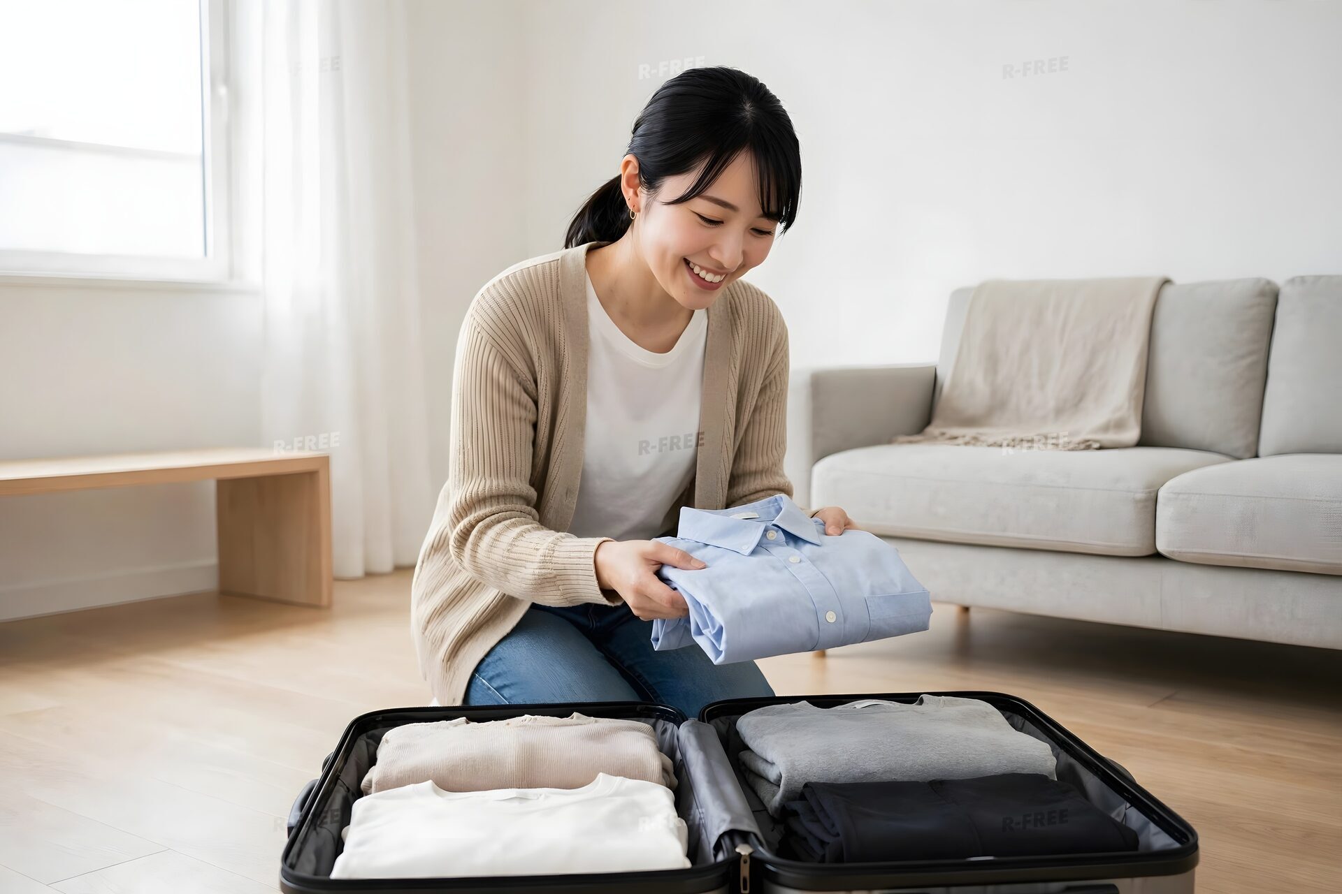 スーツケースに荷物を詰める女性