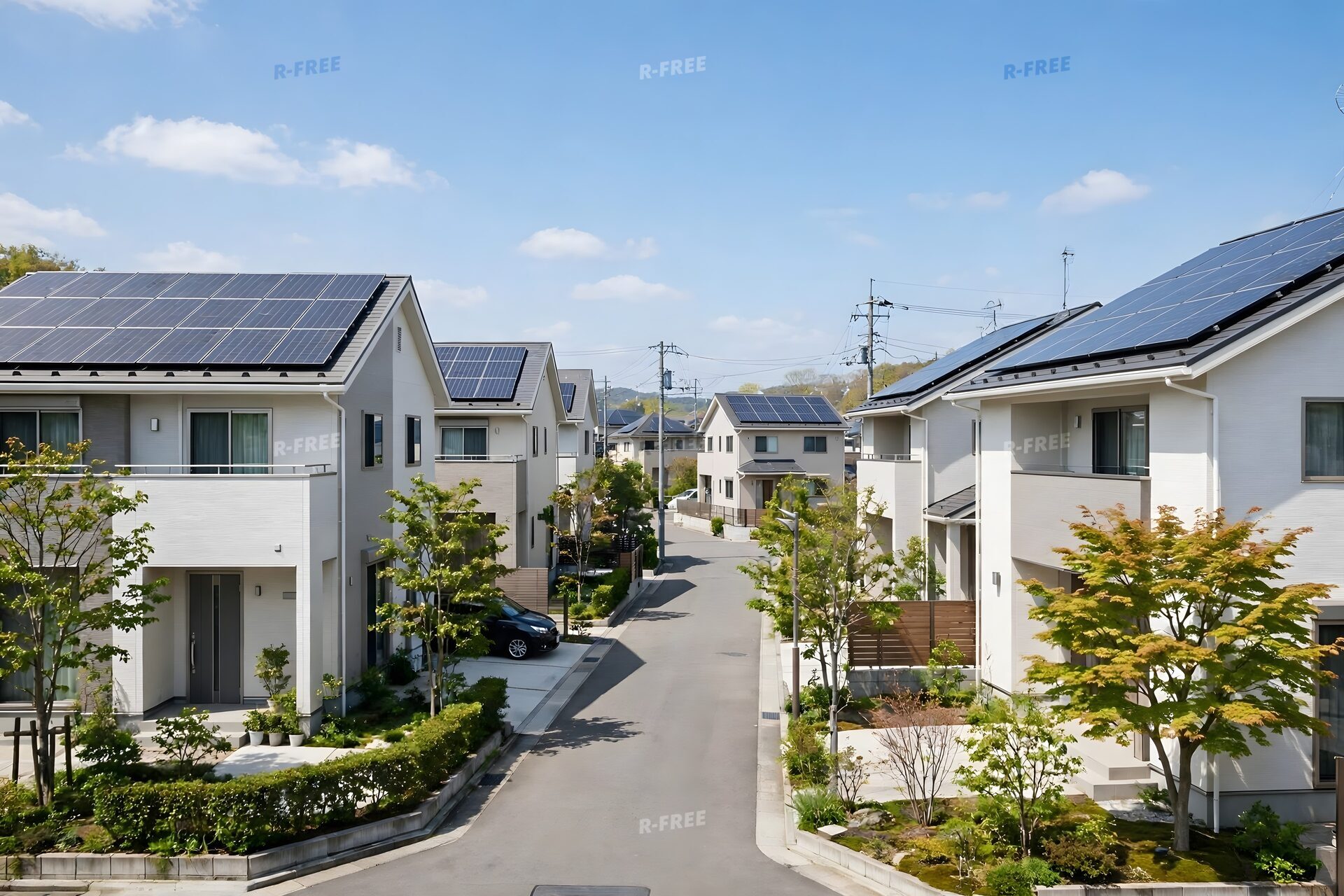 屋根に太陽光パネルを載せた住宅街
