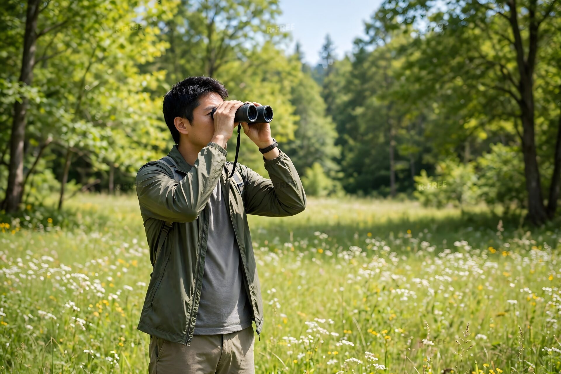 森で双眼鏡を使って野鳥を探す男性