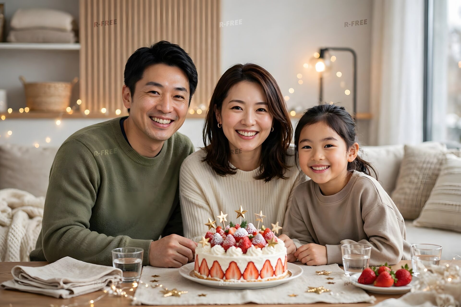 クリスマスケーキを囲む家族