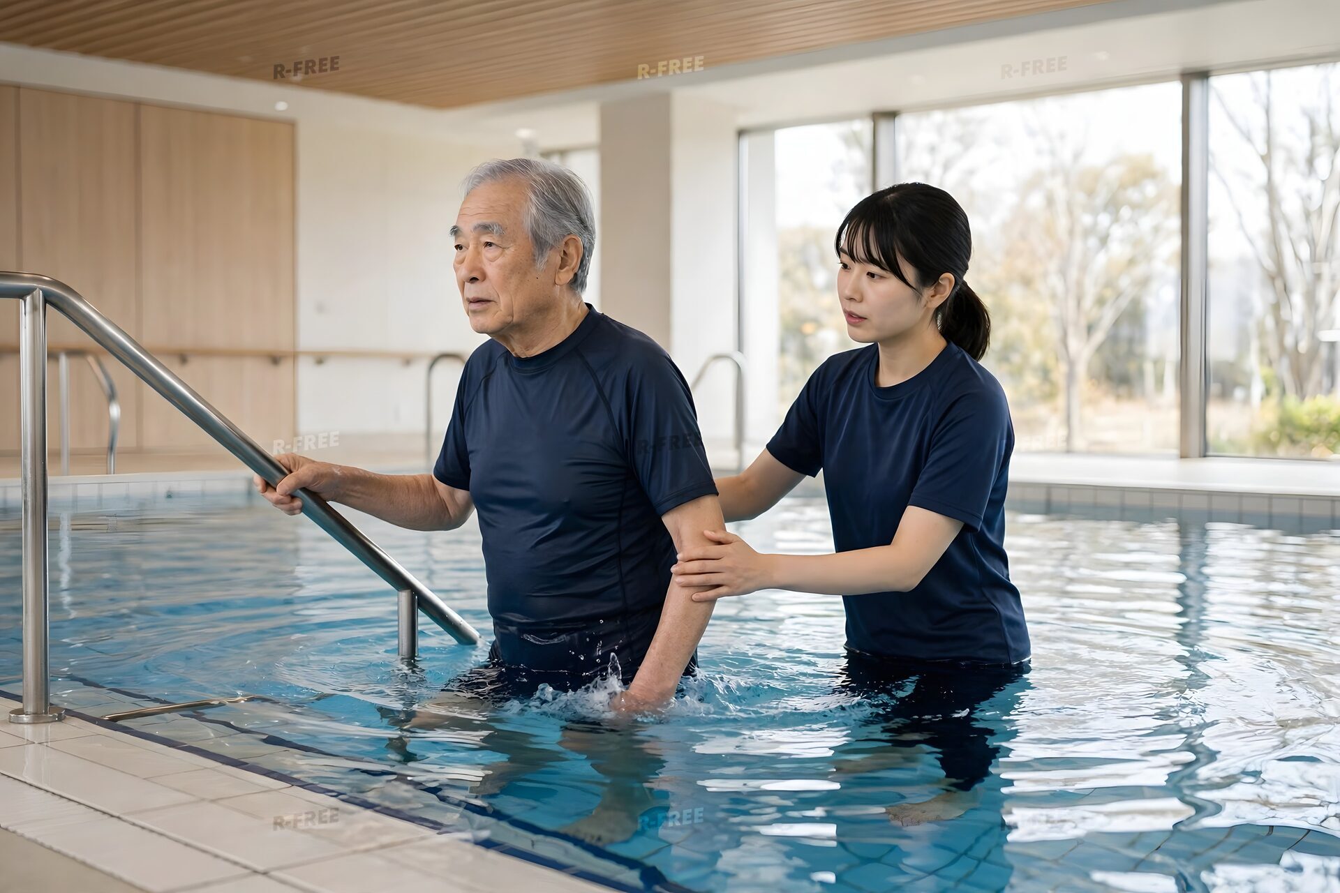 水中歩行のリハビリを受ける高齢男性