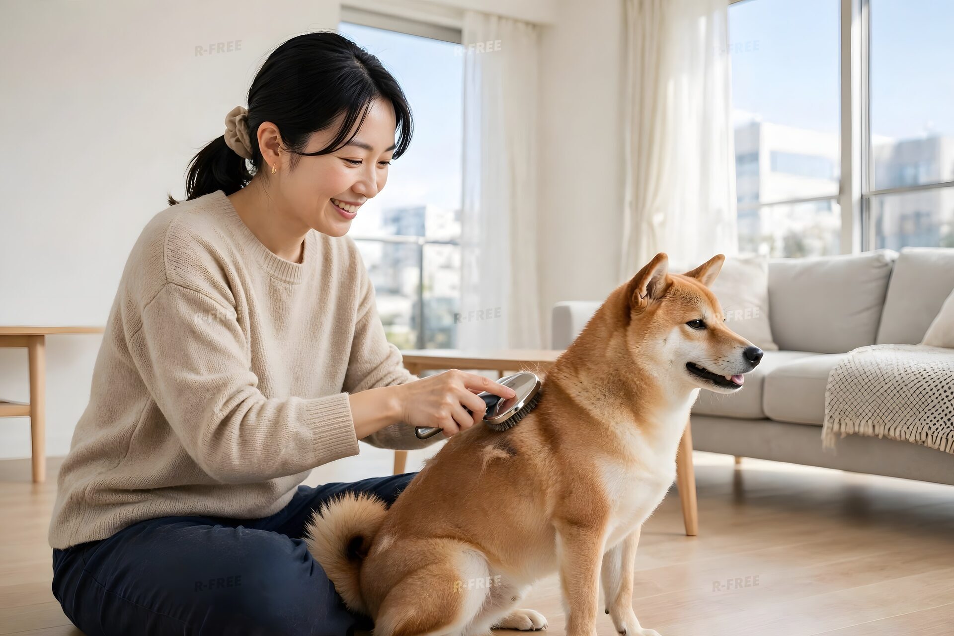 リビングで柴犬にブラシをかける女性