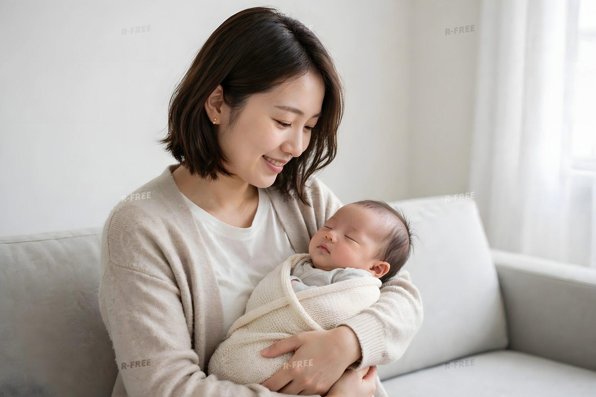 眠る赤ちゃんを抱く母親