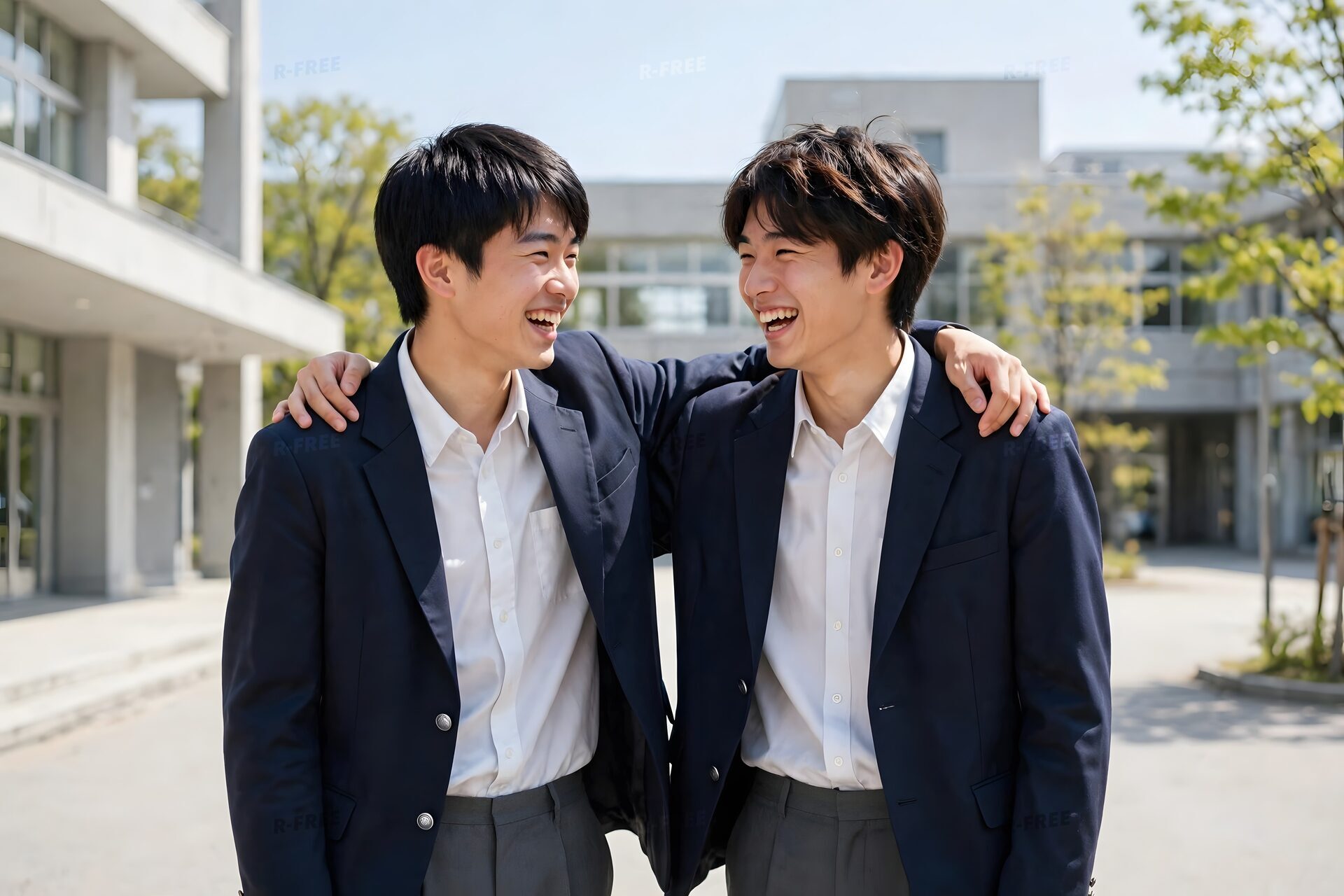 肩を組んで笑う男子高校生
