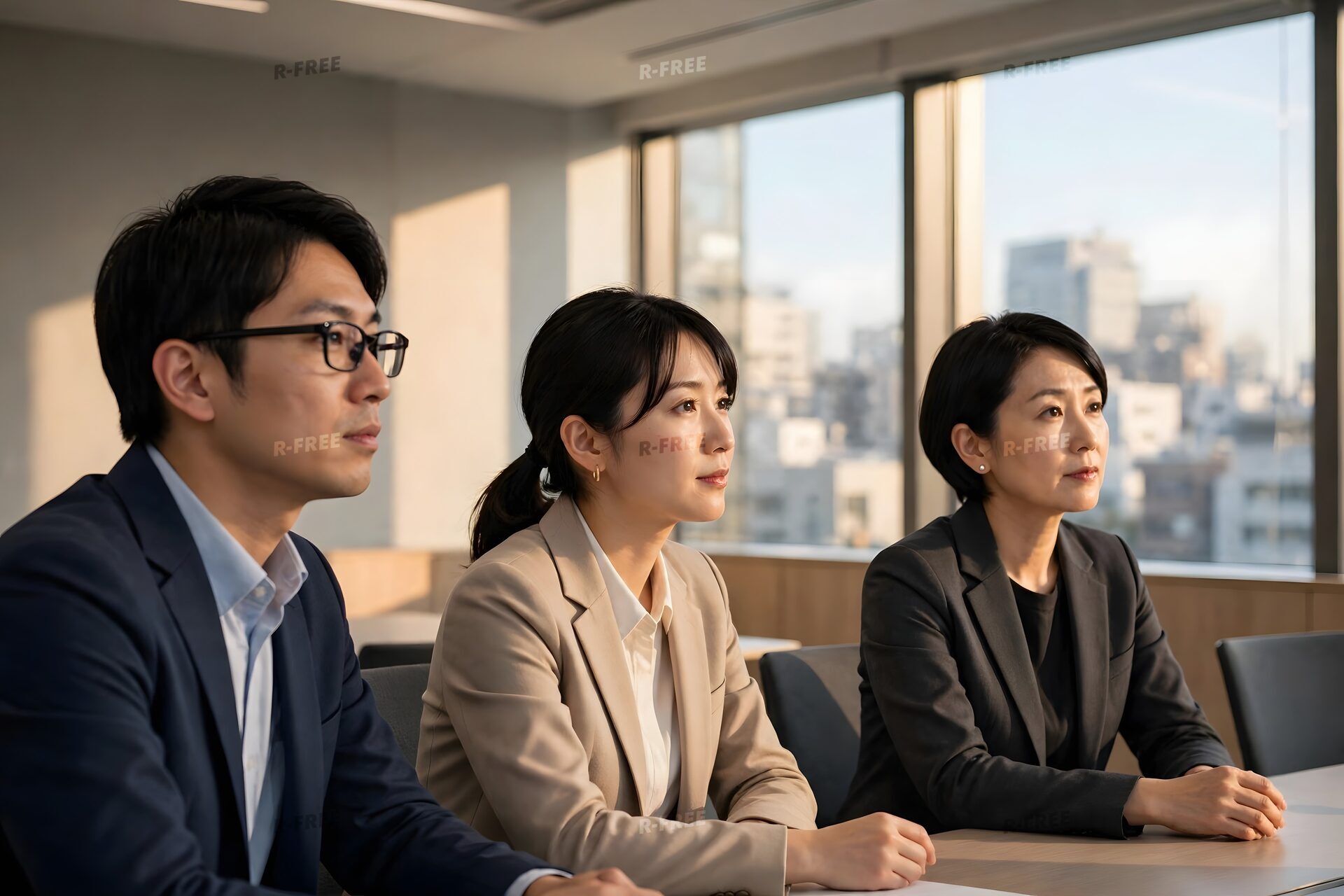 夕方の会議室で話を聞く3人の社員