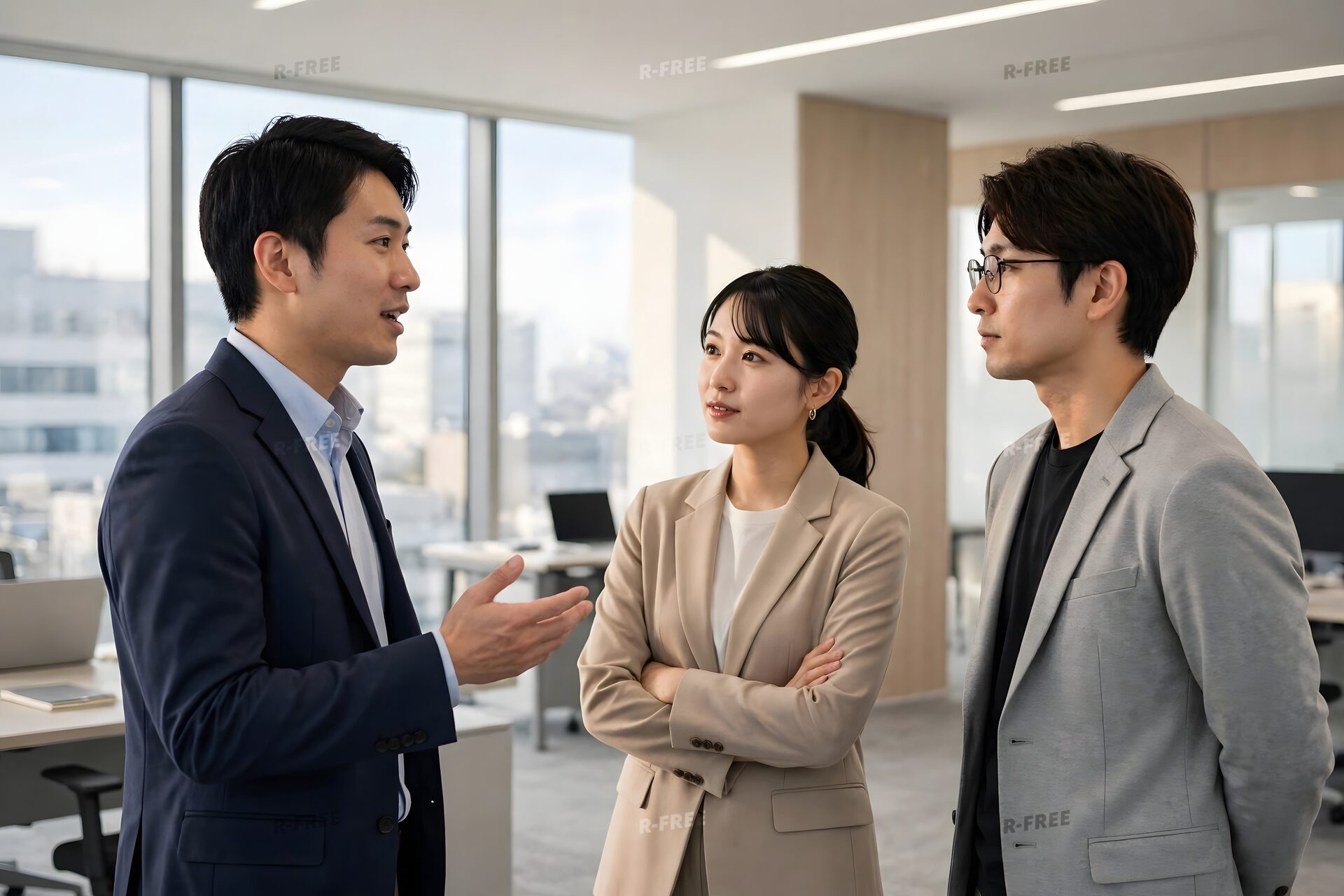 立ち話で意見を交わす3人の社員