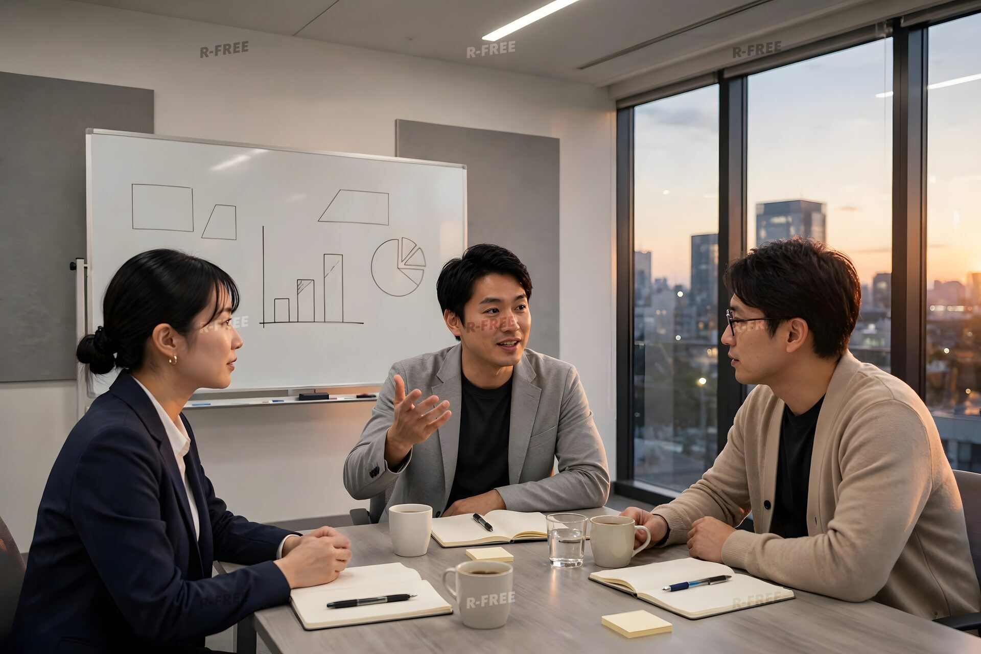 夕暮れの会議室で振り返りをするチーム