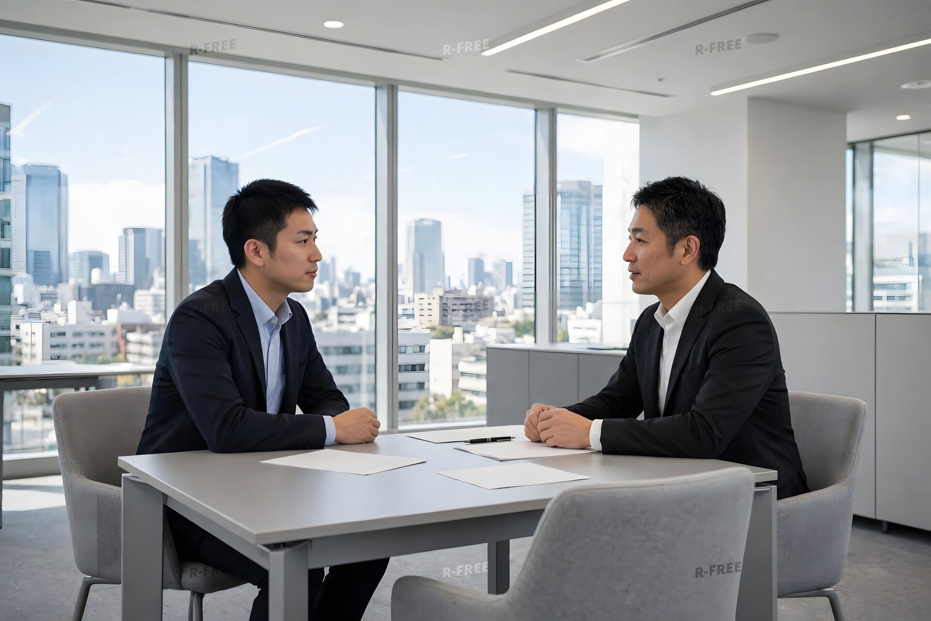 向かい合って打ち合わせする男性2人