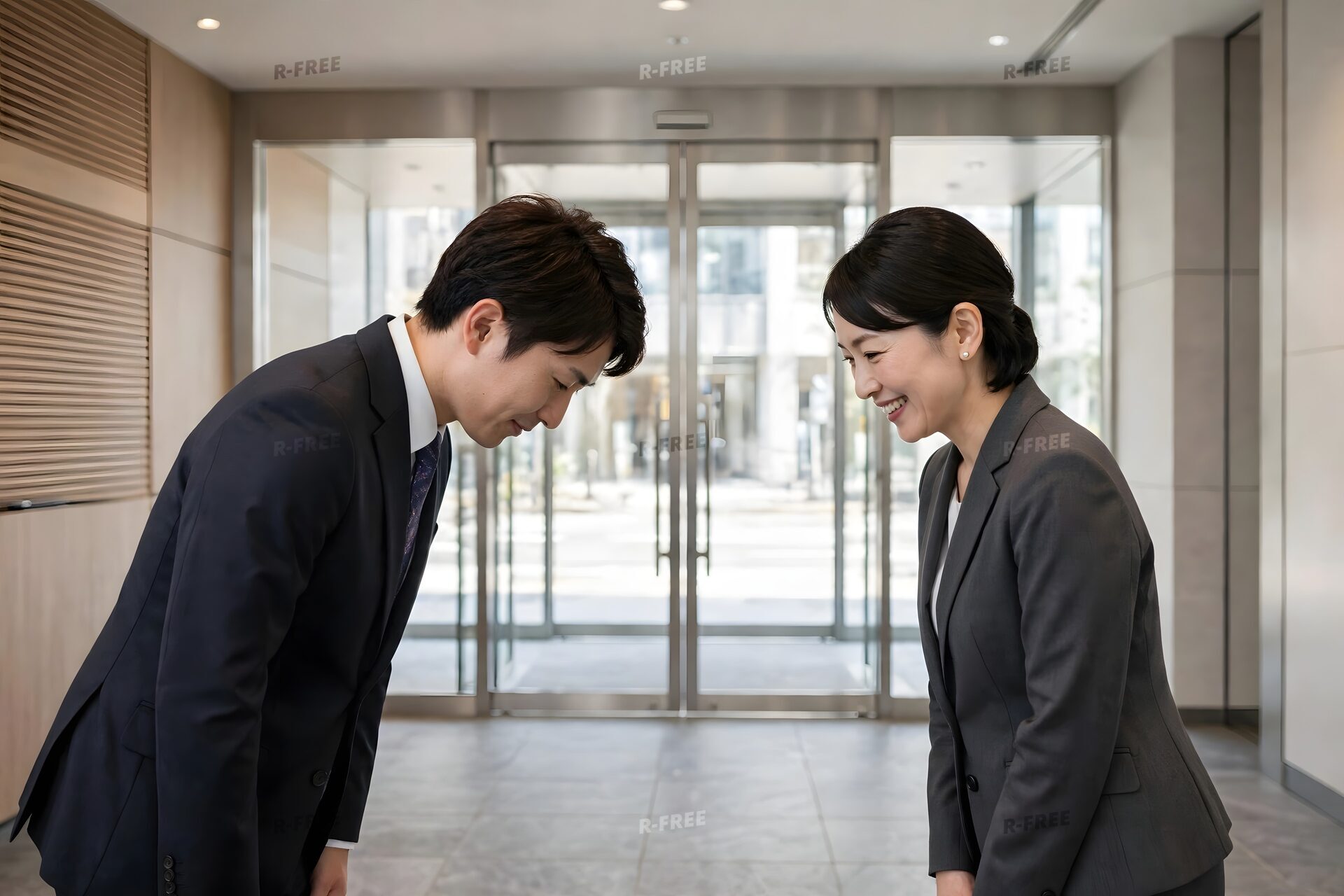 オフィスの入口で来客を迎えてお辞儀する社員