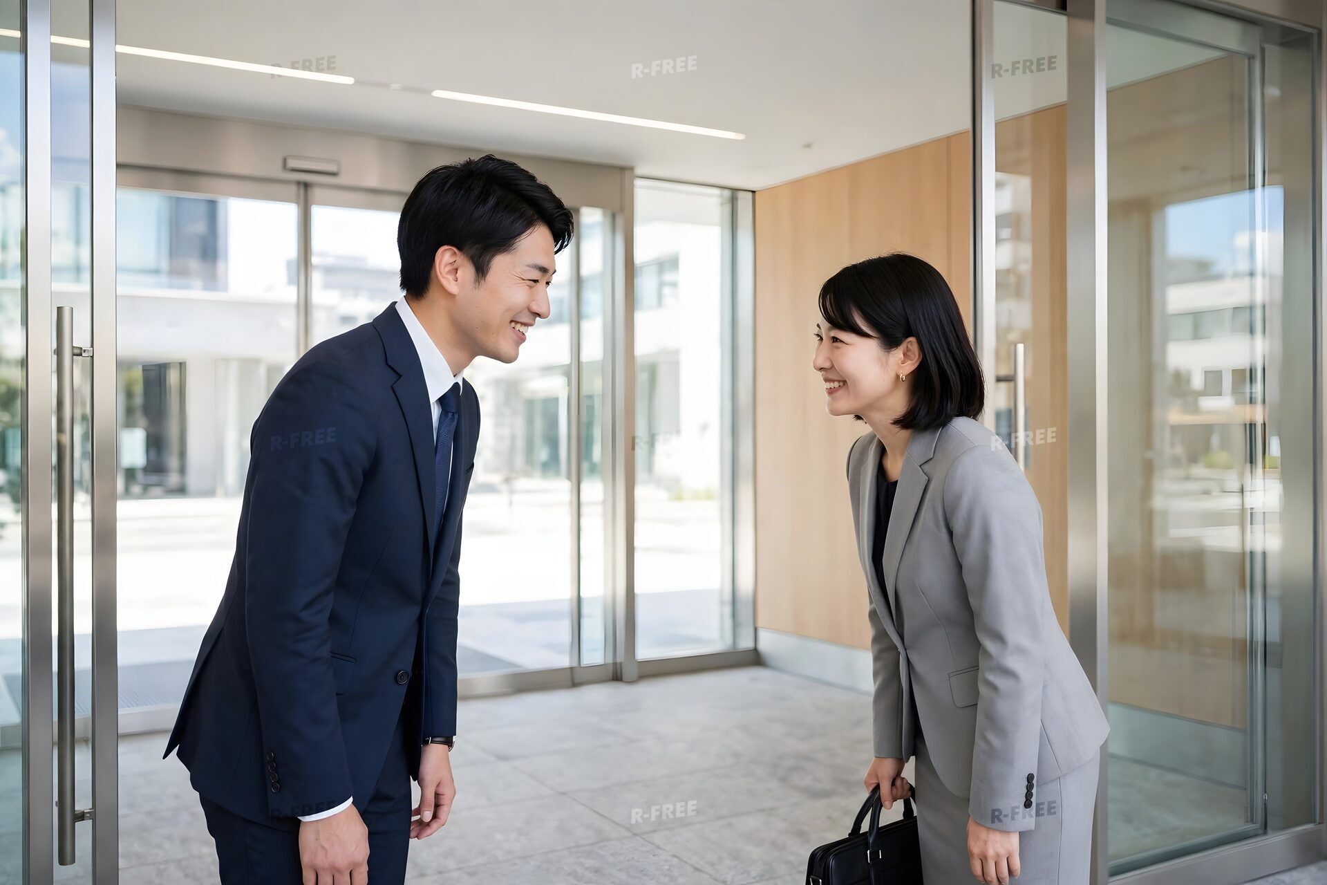 取引先の来客を笑顔で見送るビジネスパーソン
