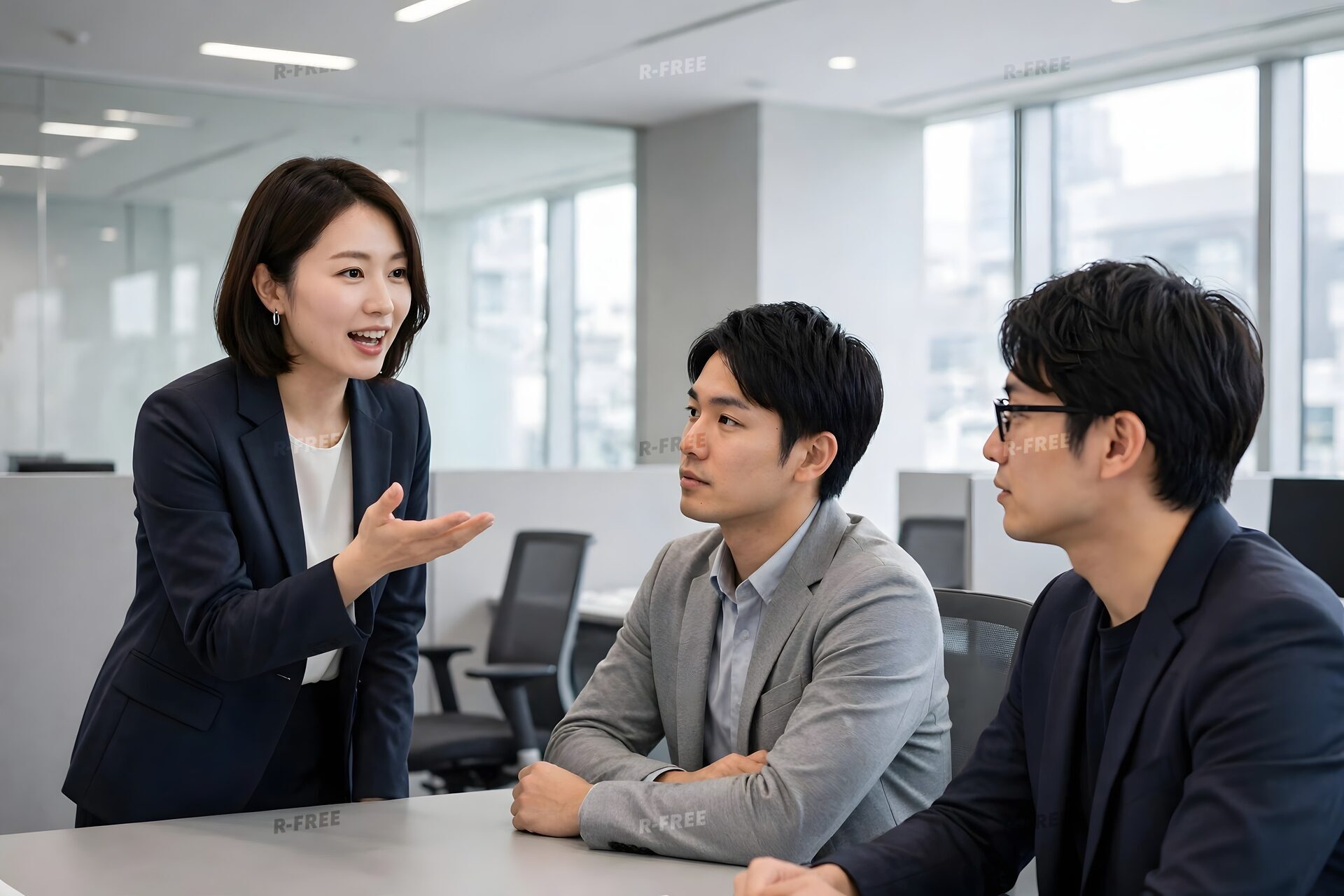 会議で意見を述べる女性と聞く男性2人