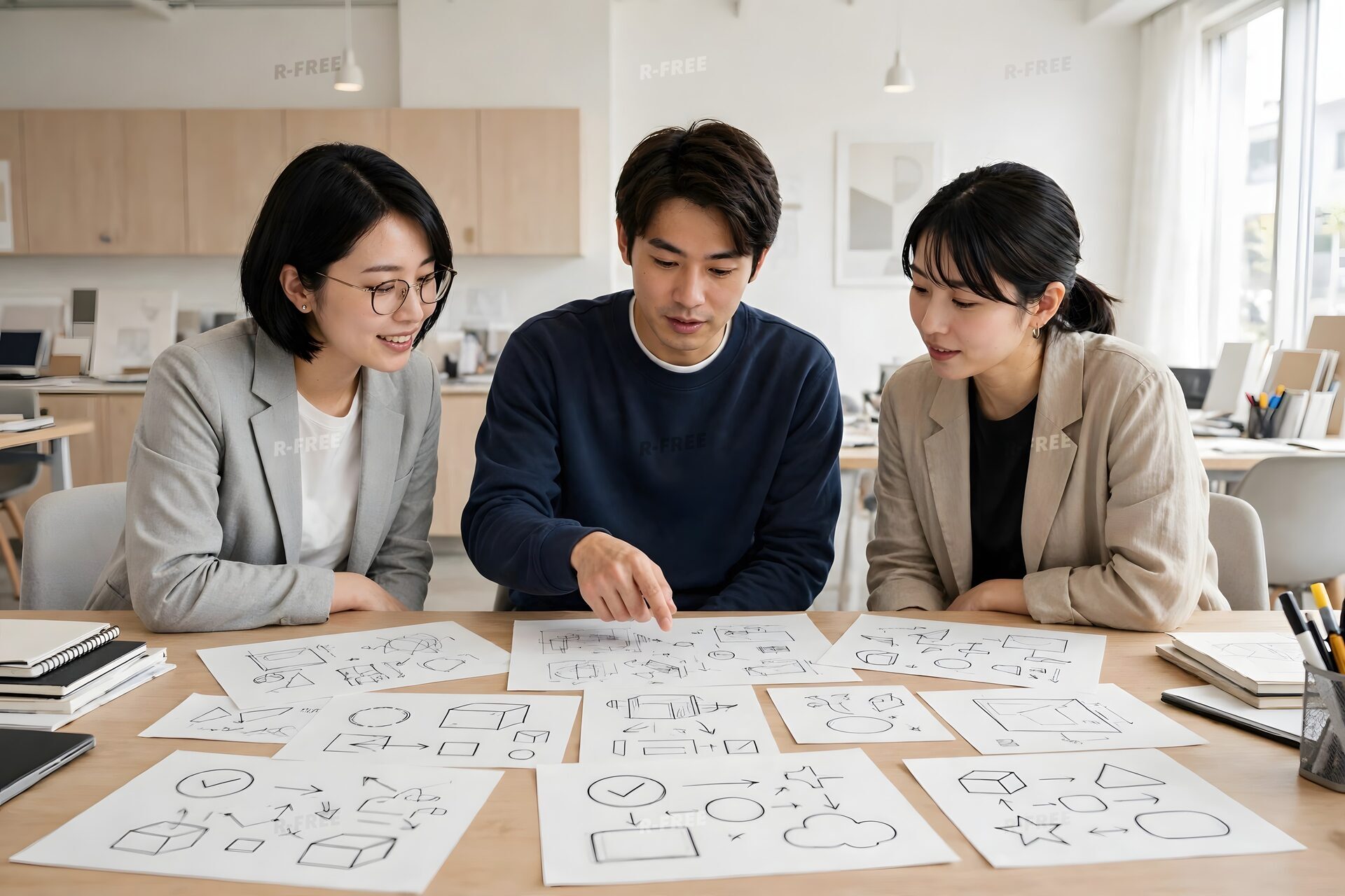 手描きの図を広げてアイデアを出し合う3人