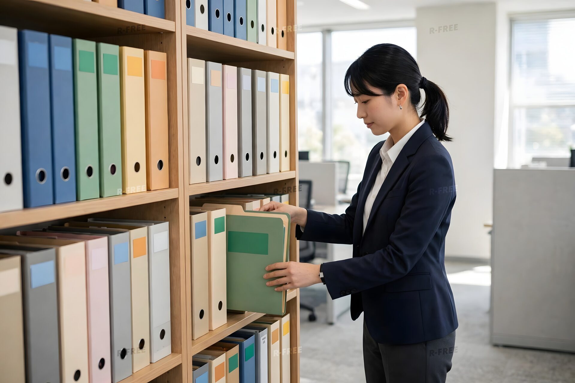 書棚のファイルから資料を取り出す女性