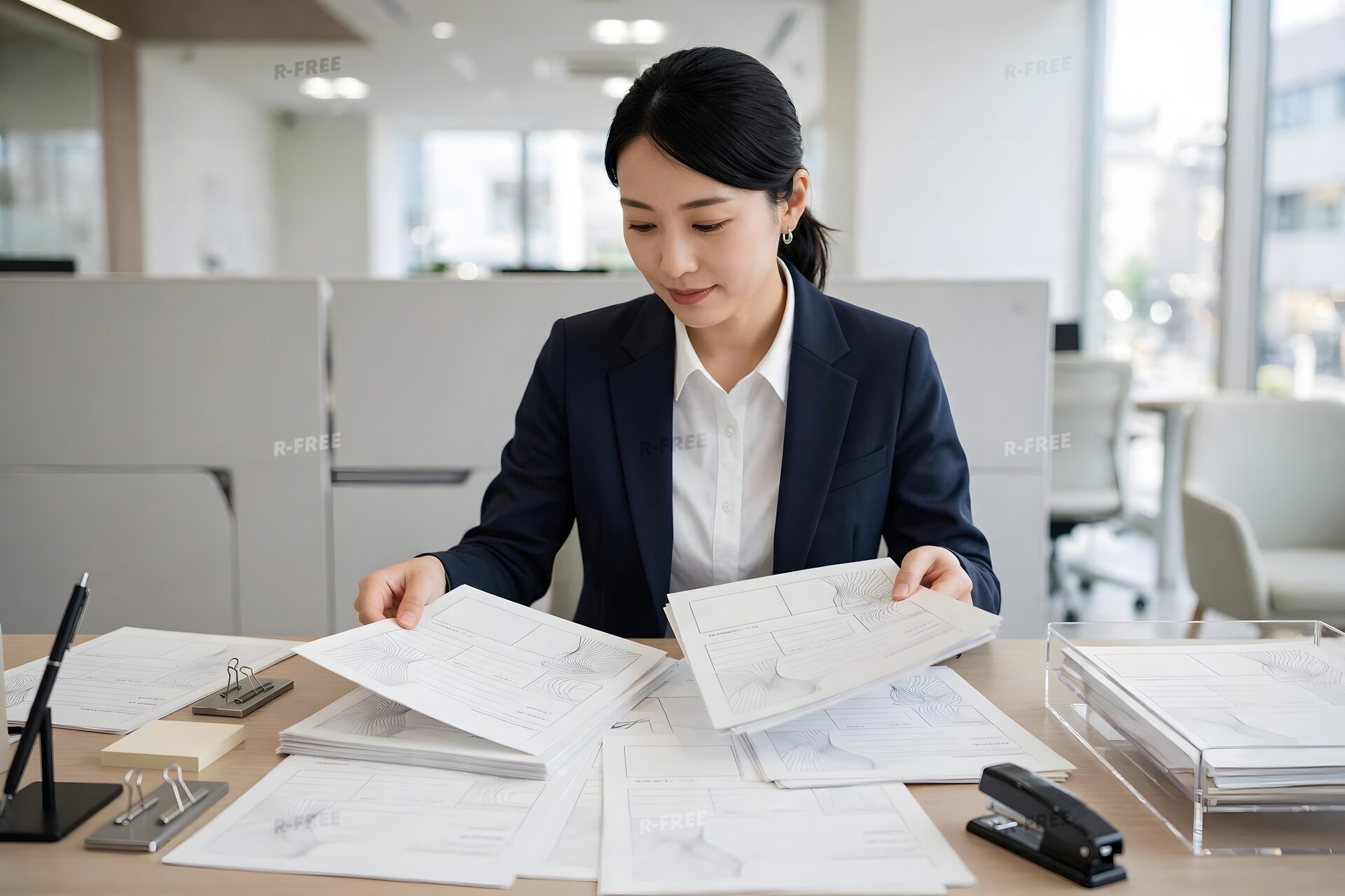 机いっぱいに書類を広げて整理する女性
