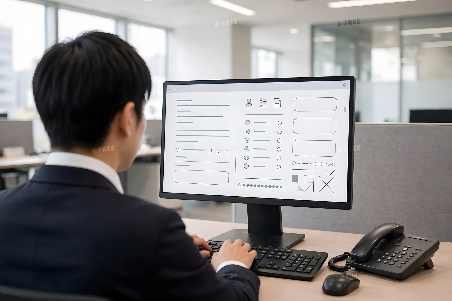 入力フォームを操作する男性とデスクの電話