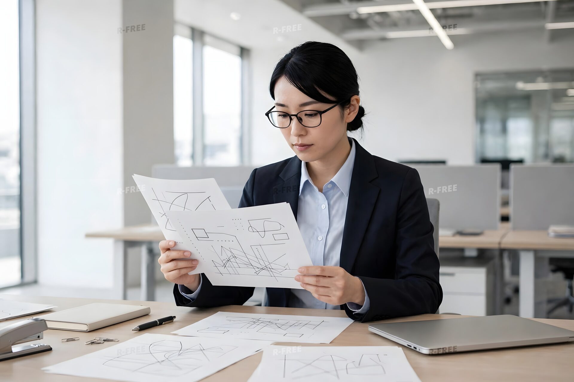 手描きの図案を見比べる眼鏡の女性