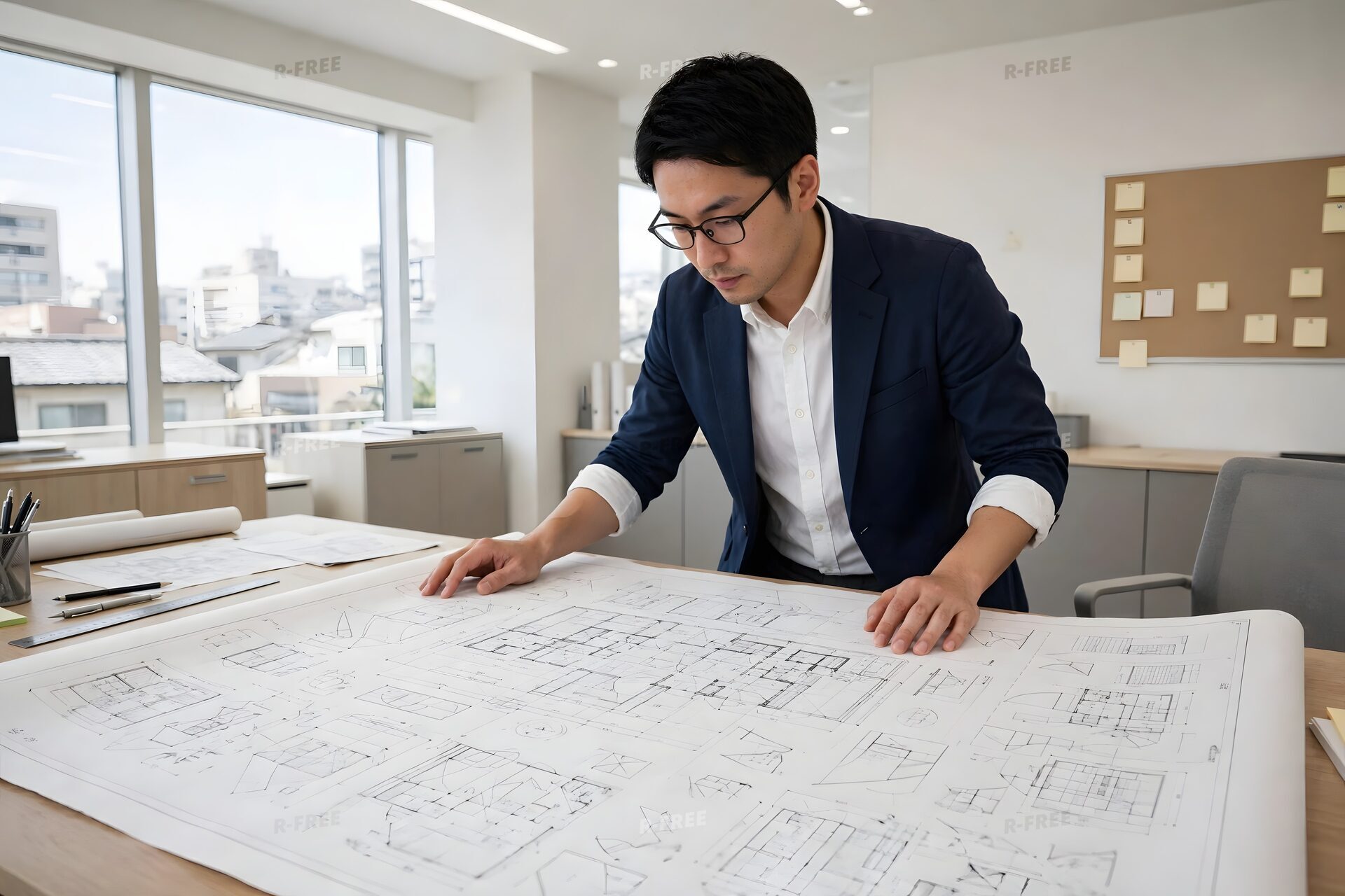 広げた設計図を確認する男性