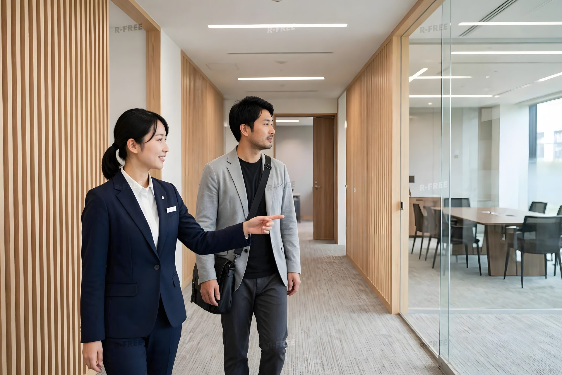 会議室へ来客を案内する女性社員