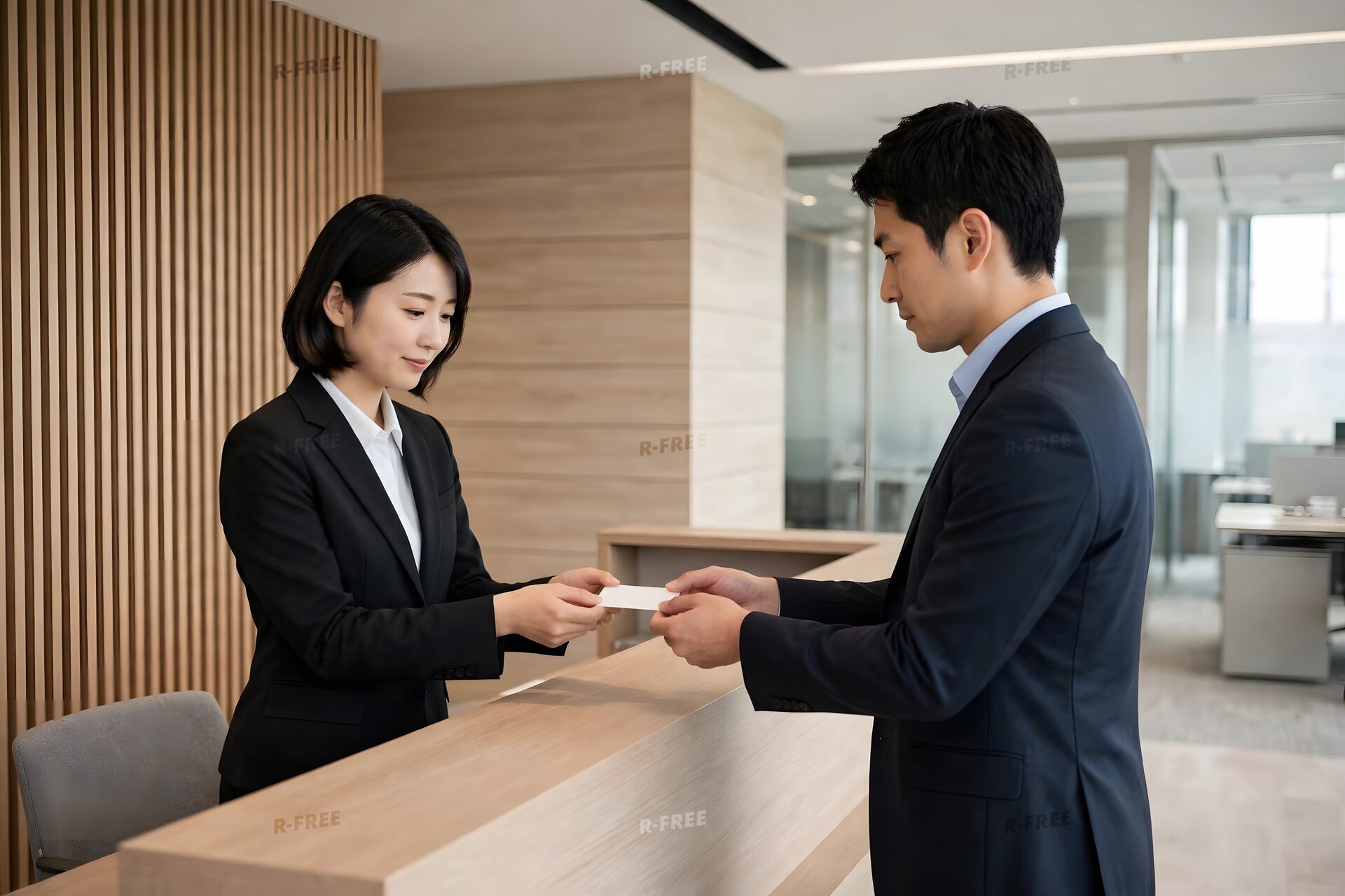 受付で名刺を差し出す男性と受け取る女性