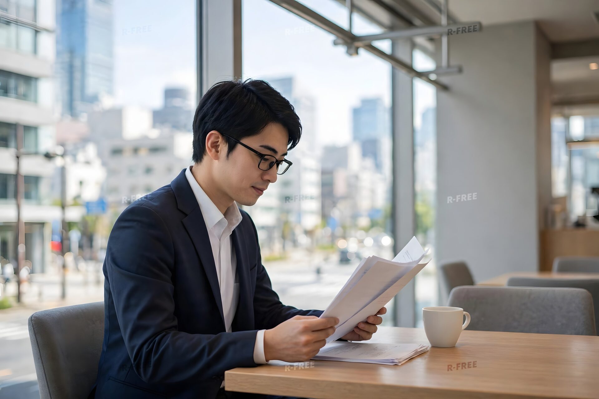 窓際の席で書類を読む男性