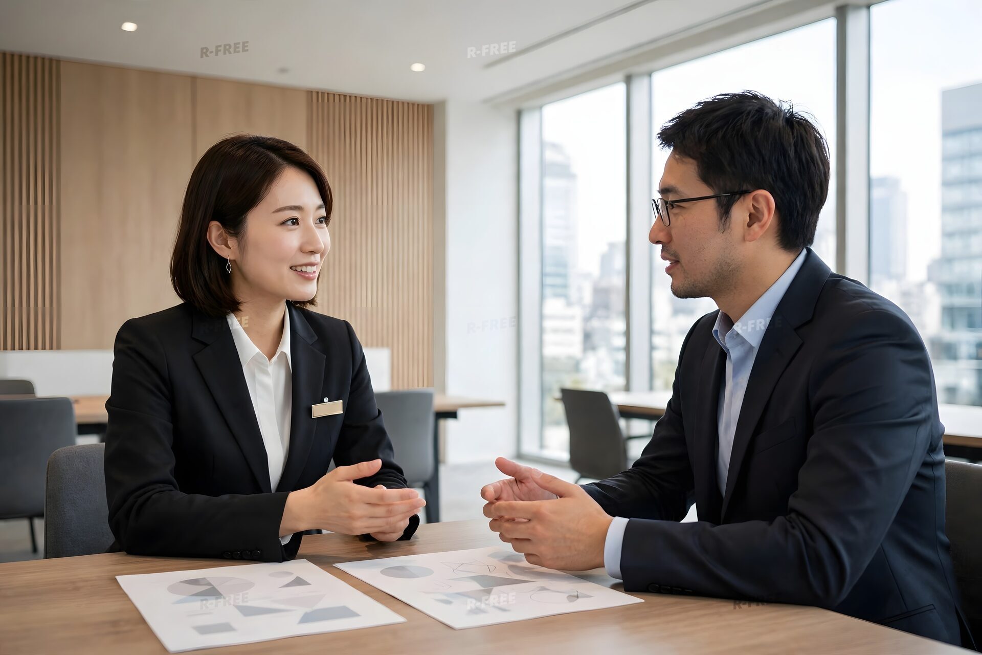 木の壁の部屋で商談する女性と男性