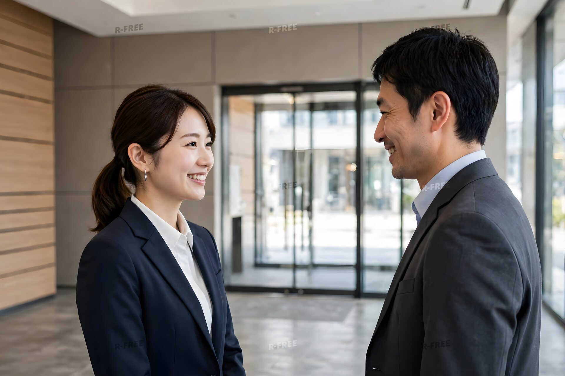 商談のあとにロビーで笑顔を交わす2人