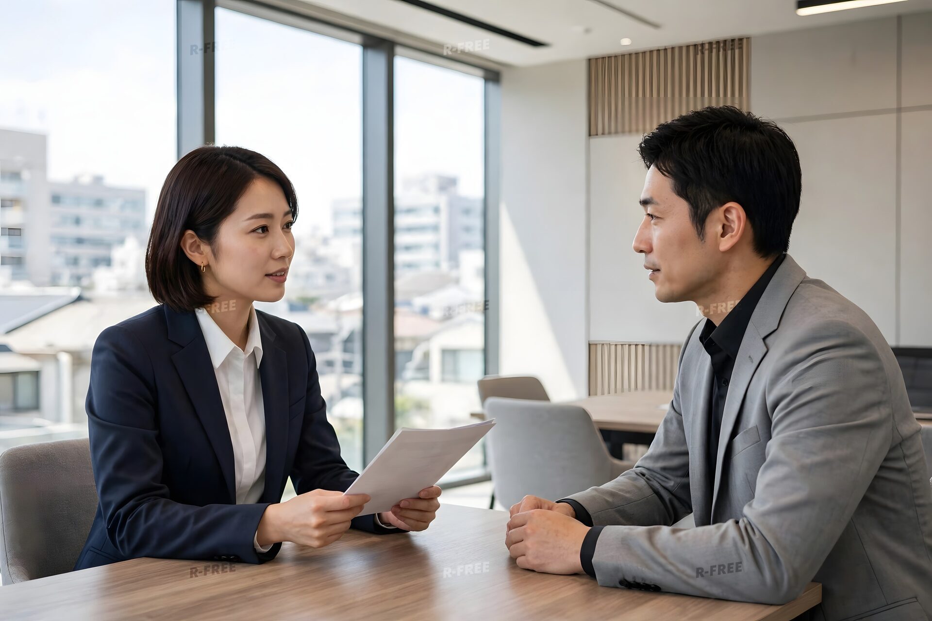 資料を手に向き合う女性と男性