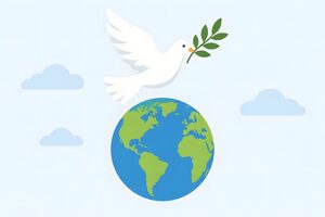 オリーブをくわえて地球の上を飛ぶ鳩のイラスト