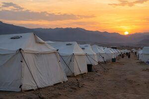夕暮れの難民キャンプに並ぶ白いテント